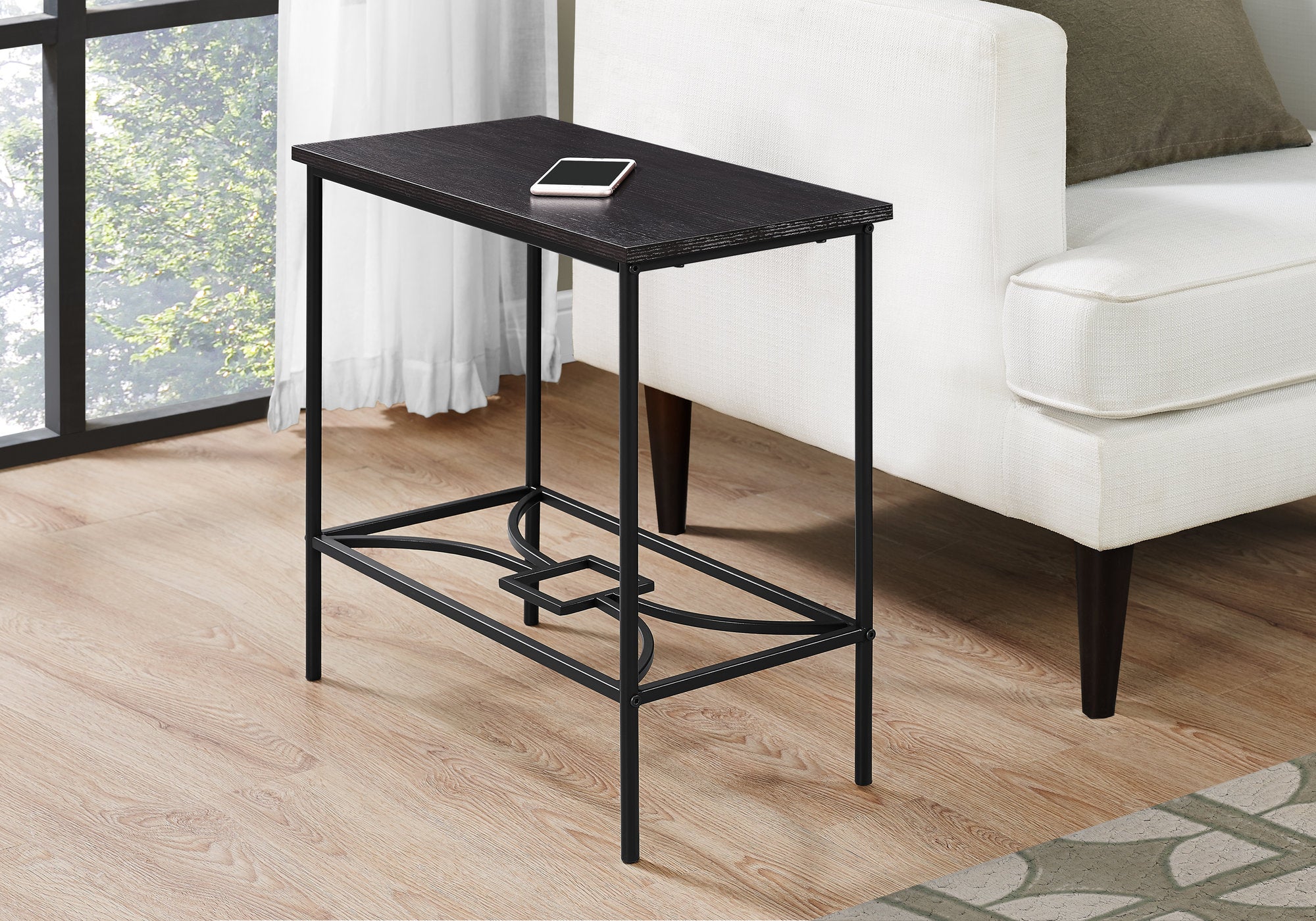 MN-832076    Accent Table, Side, End, Narrow, Small, Living Room, Bedroom, 2 Tier, Metal Legs, Laminate, Dark Brown, Black, Contemporary, Modern