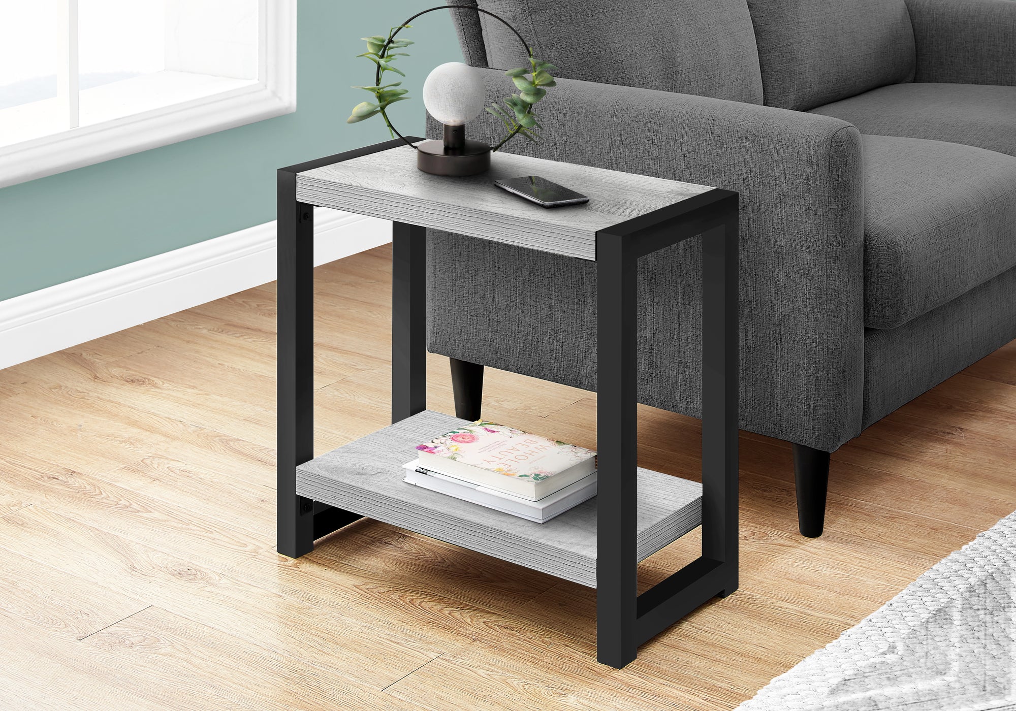 MN-882082    Accent Table, Side, End, Narrow, Small, Living Room, Bedroom, 2 Tier, Metal Legs, Laminate, Grey, Black, Contemporary, Modern