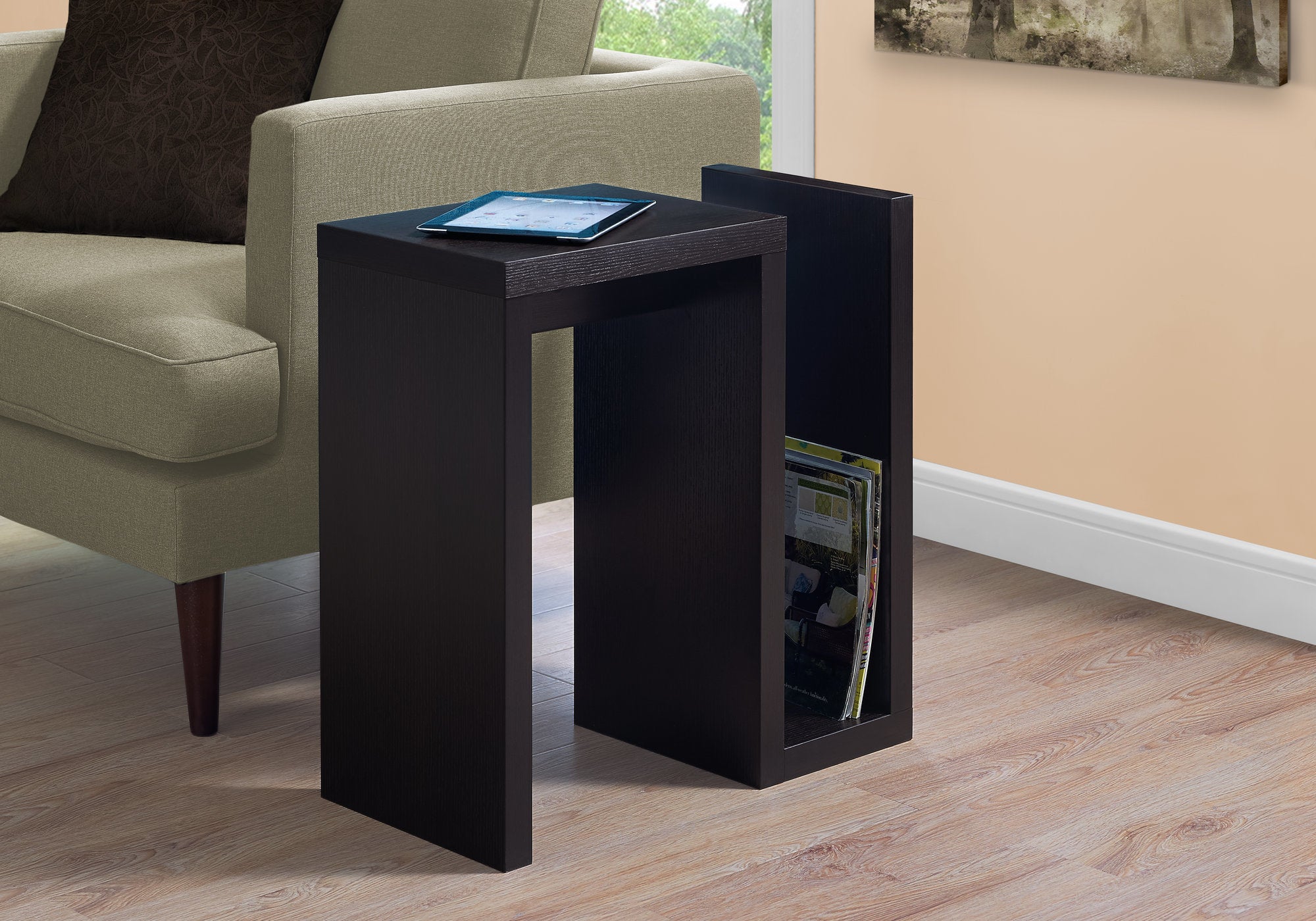 MN-912089    Accent Table, Side, End, Narrow, Small, Living Room, Bedroom, Laminate, Dark Brown, Contemporary, Modern