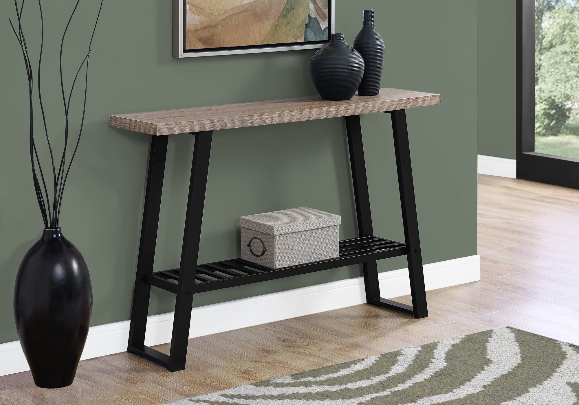 MN-112117    Accent Table, Console, Entryway, Narrow, Sofa, Living Room, Bedroom, Metal Legs, Laminate, Dark Taupe, Black, Contemporary, Modern