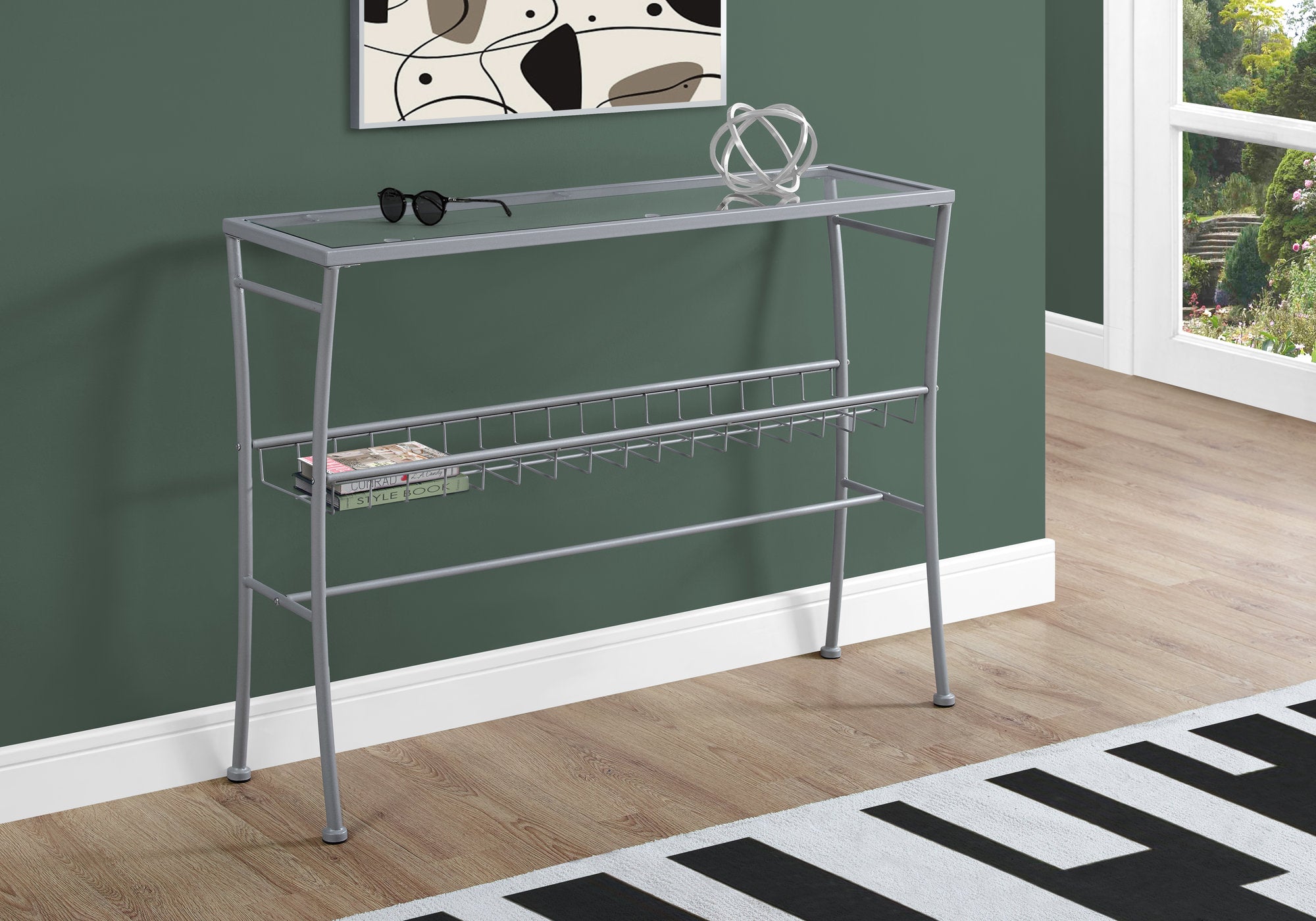 MN-152128    Accent Table, Console, Entryway, Narrow, Sofa, Living Room, Bedroom, Metal Frame, Tempered Glass, Clear, Silver, Contemporary, Modern