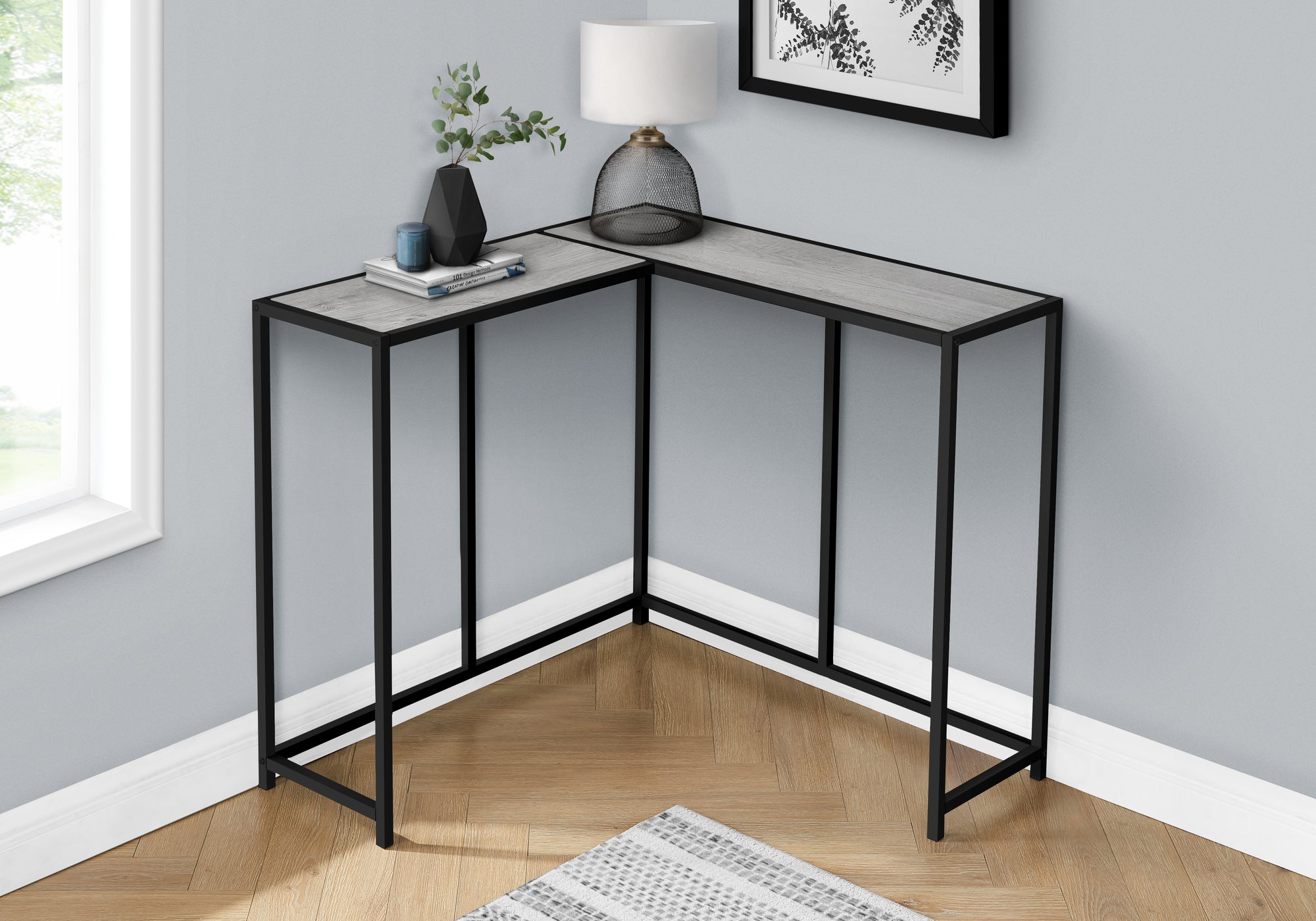 MN-292156    Accent Table, Console, Entryway, Narrow, Corner, Living Room, Bedroom, Metal Frame, Laminate, Grey, Black, Contemporary, Modern