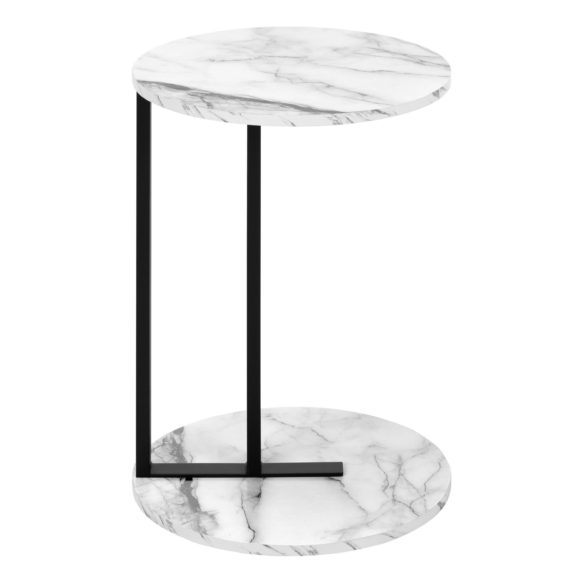 MN-522210    Accent Table, C-Shaped, End, Side, Snack, Living Room, Bedroom, Metal Base, Laminate, White Marble Look, Black, Contemporary, Modern
