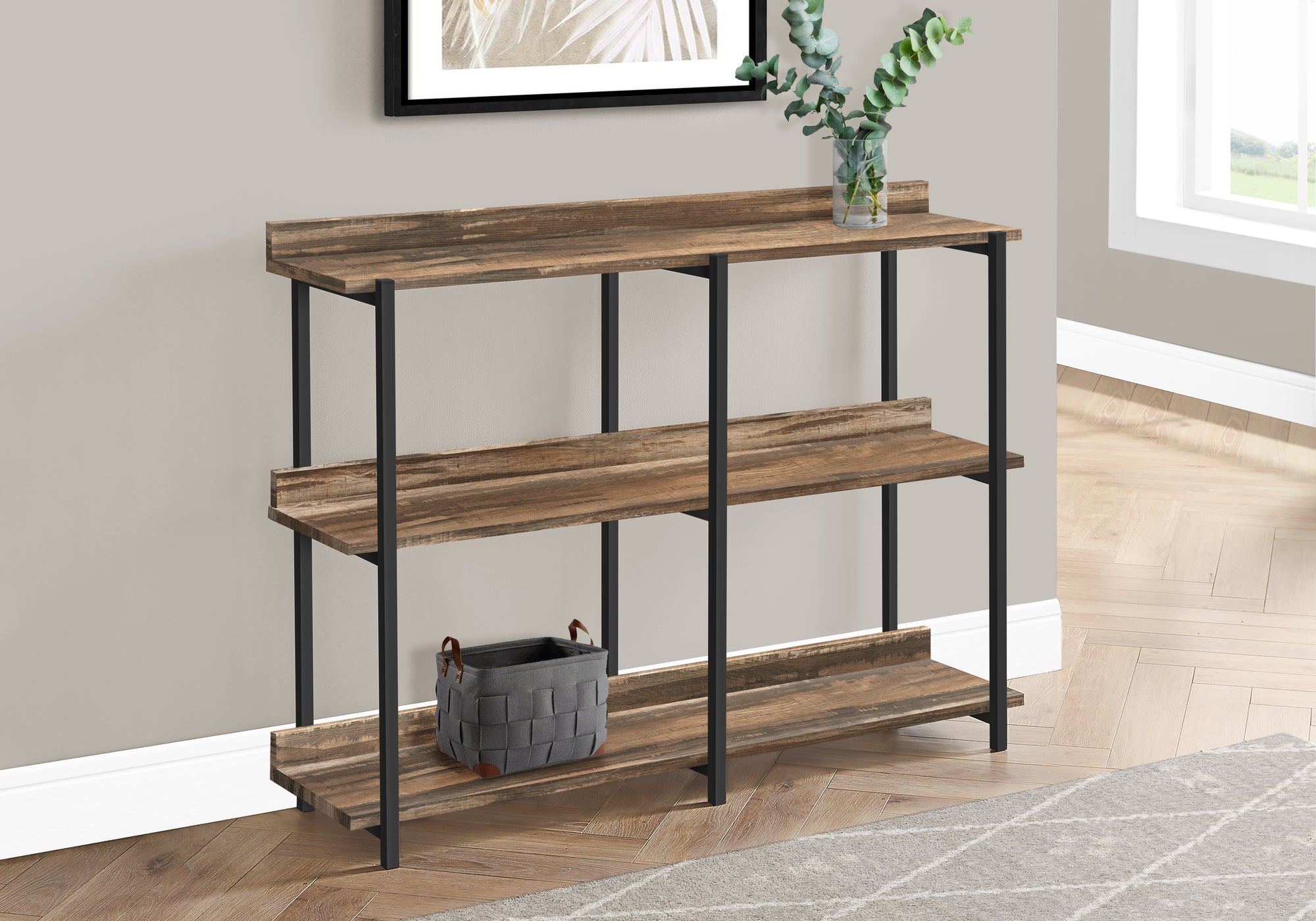 MN-542216    Accent Table, Console, Entryway, Narrow, Sofa, Living Room, Bedroom, Metal Legs, Laminate, Brown Reclaimed Wood Look, Black, Contemporary, Modern