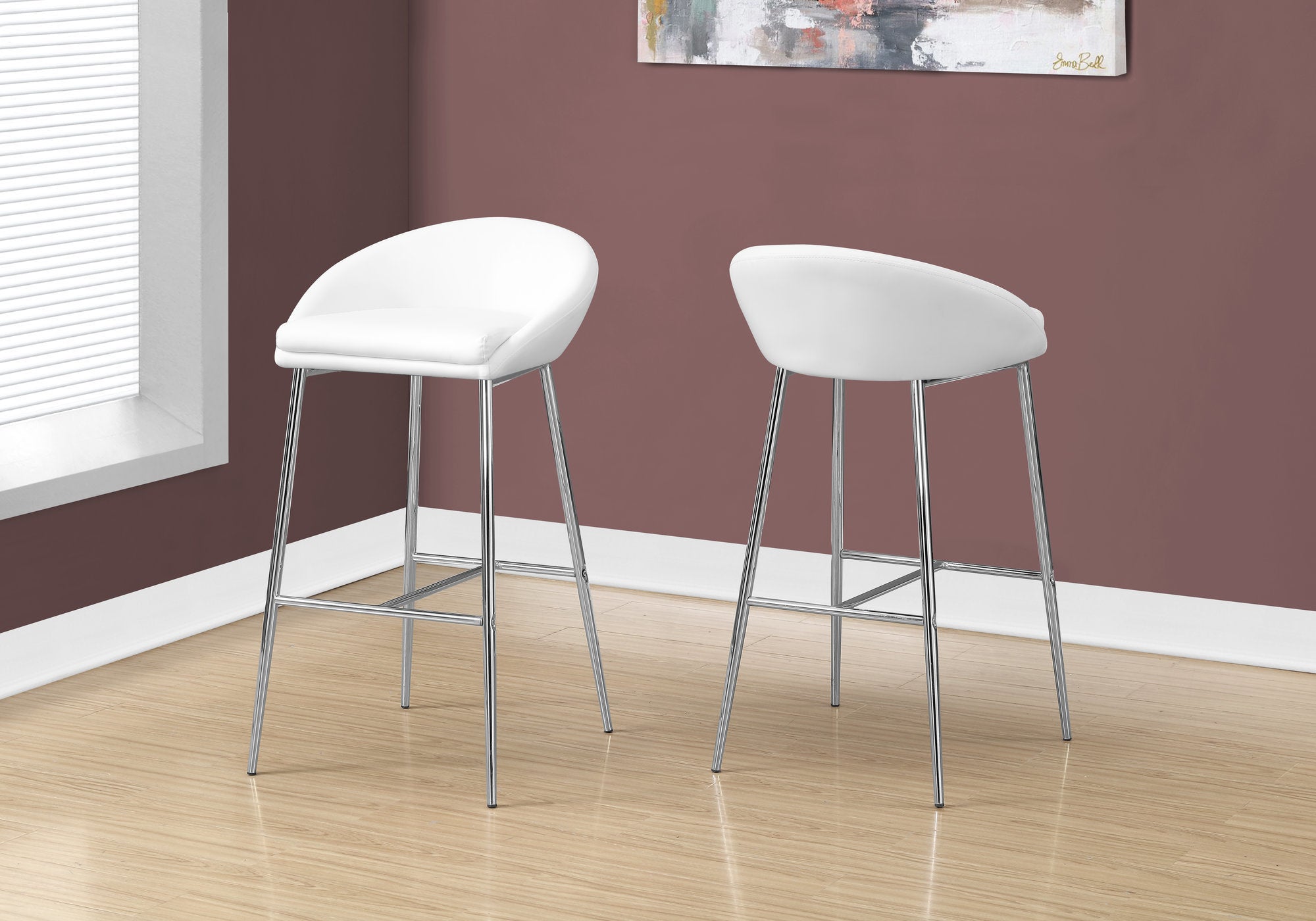 MN-692297    Bar Stool, Set Of 2, Bar Height, Metal, Leather Look, White, Black, Contemporary, Modern