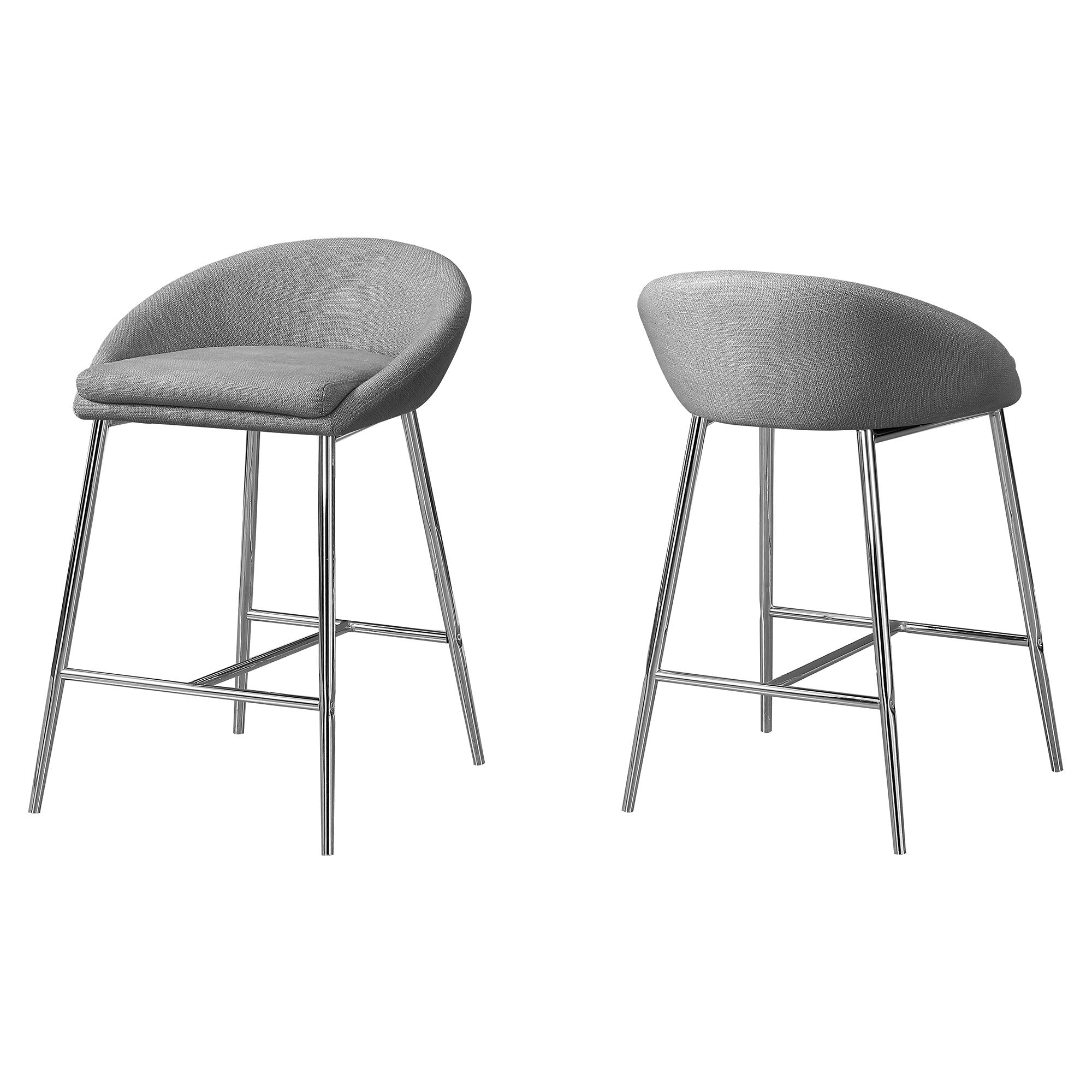 MN-702298    Bar Stool, Set Of 2, Counter Height, Kitchen, Metal, Leather Look, Grey, Chrome, Contemporary, Modern