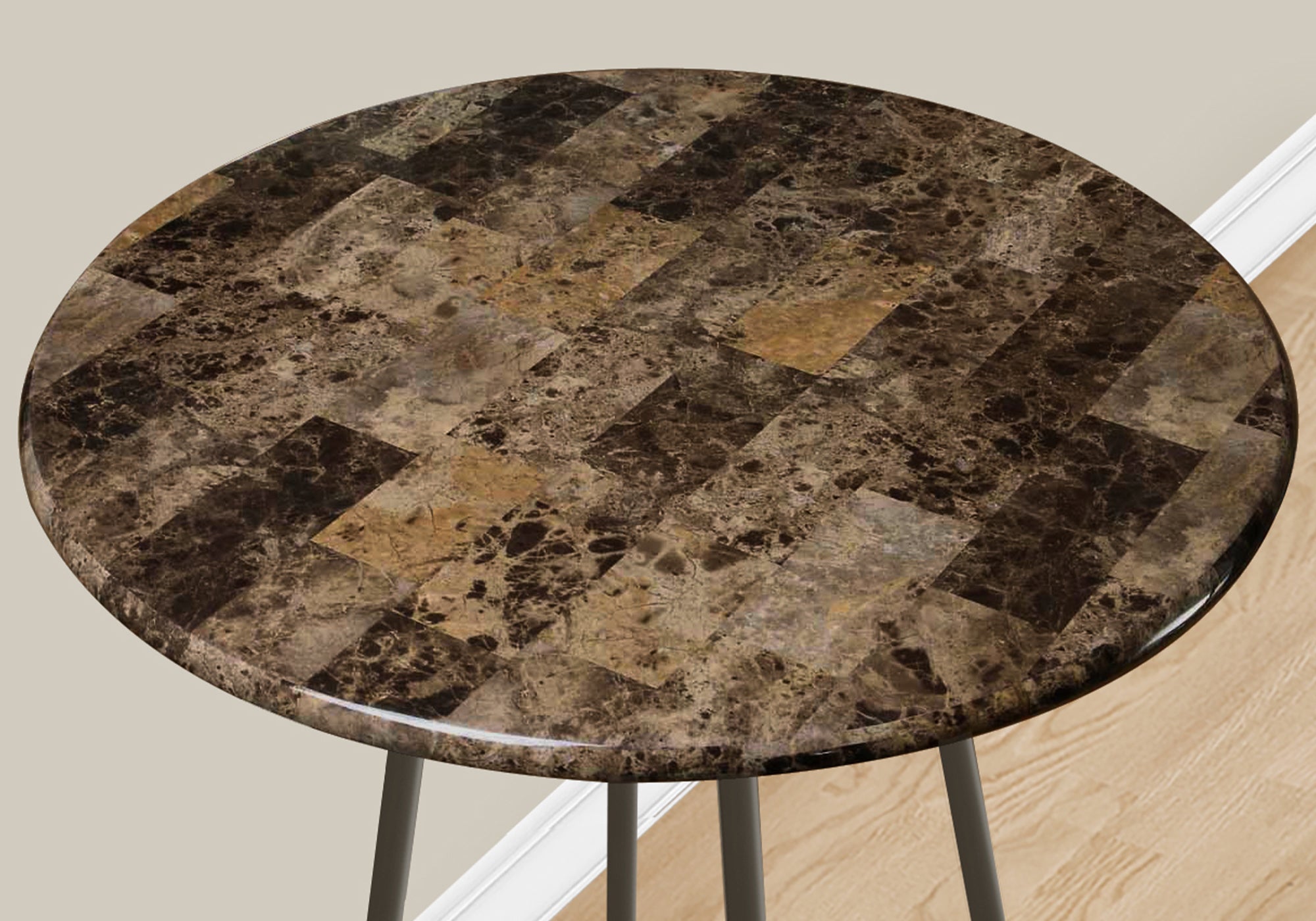 MN-722310    Home Bar, Bar Table, Bar Height, Pub Table, 30" Round, Small, Kitchen, Living Room, Metal, Laminate, Brown Marble Look, Bronze, Traditional