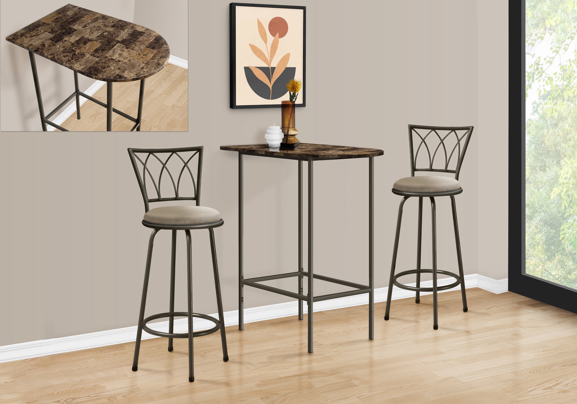 MN-732315    Home Bar, Bar Table, Bar Height, Pub Table, 36" Rectangular, Small, Kitchen, Living Room, Metal, Laminate, Brown Marble Look, Bronze, Transitional