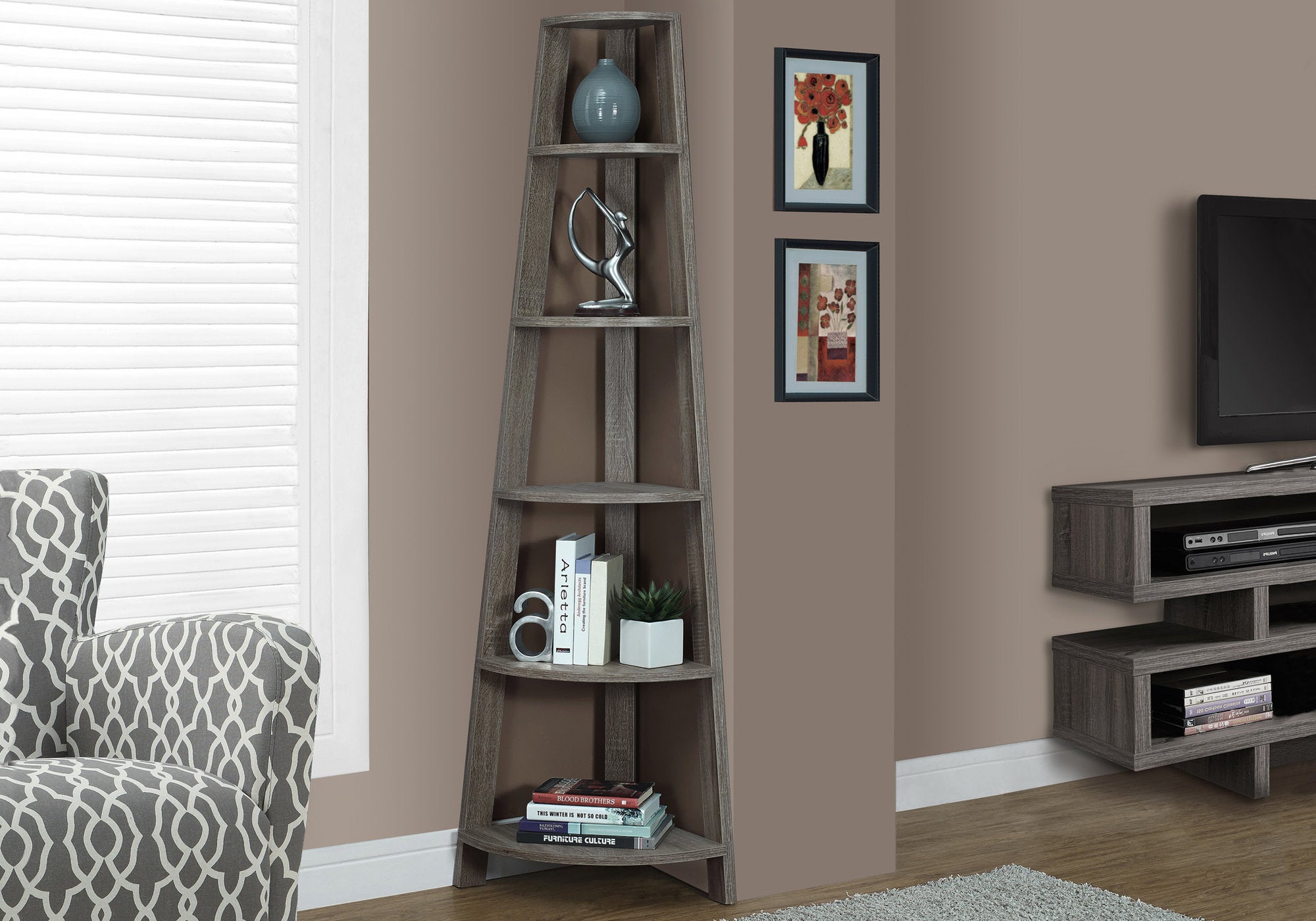 MN-462497    Bookshelf, Bookcase, Etagere, Corner, 5 Tier, 72"H, Office, Bedroom, Laminate, Dark Taupe, Contemporary, Modern