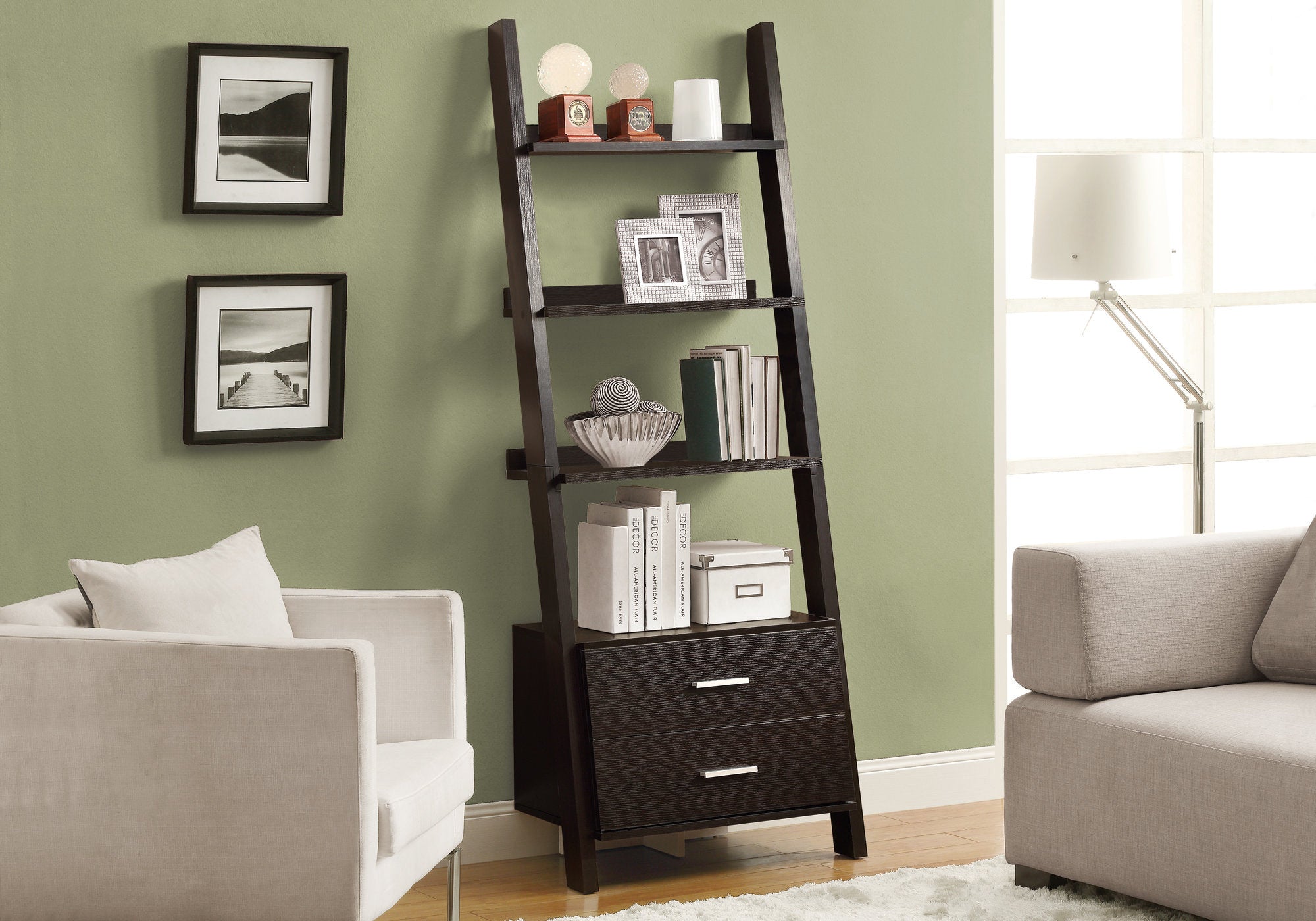 MN-562542    Bookshelf, Bookcase, Etagere, Ladder, 4 Tier, 69"H, Office, Bedroom, Laminate, Dark Brown, Contemporary, Modern