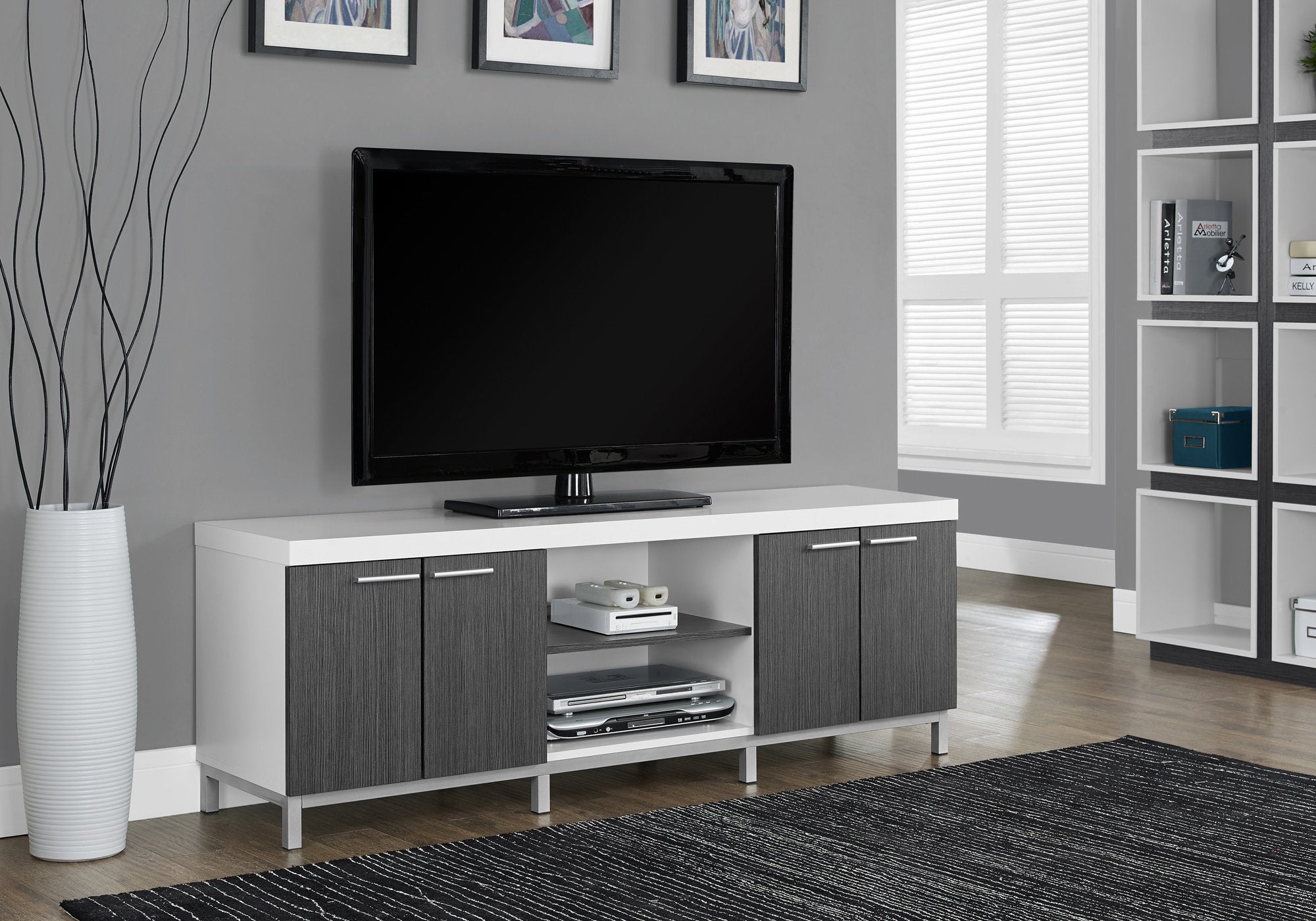 MN-732591    Tv Stand, 60 Inch, Console, Media Entertainment Center, Storage Cabinet, Living Room, Bedroom, Laminate, White, Contemporary, Modern