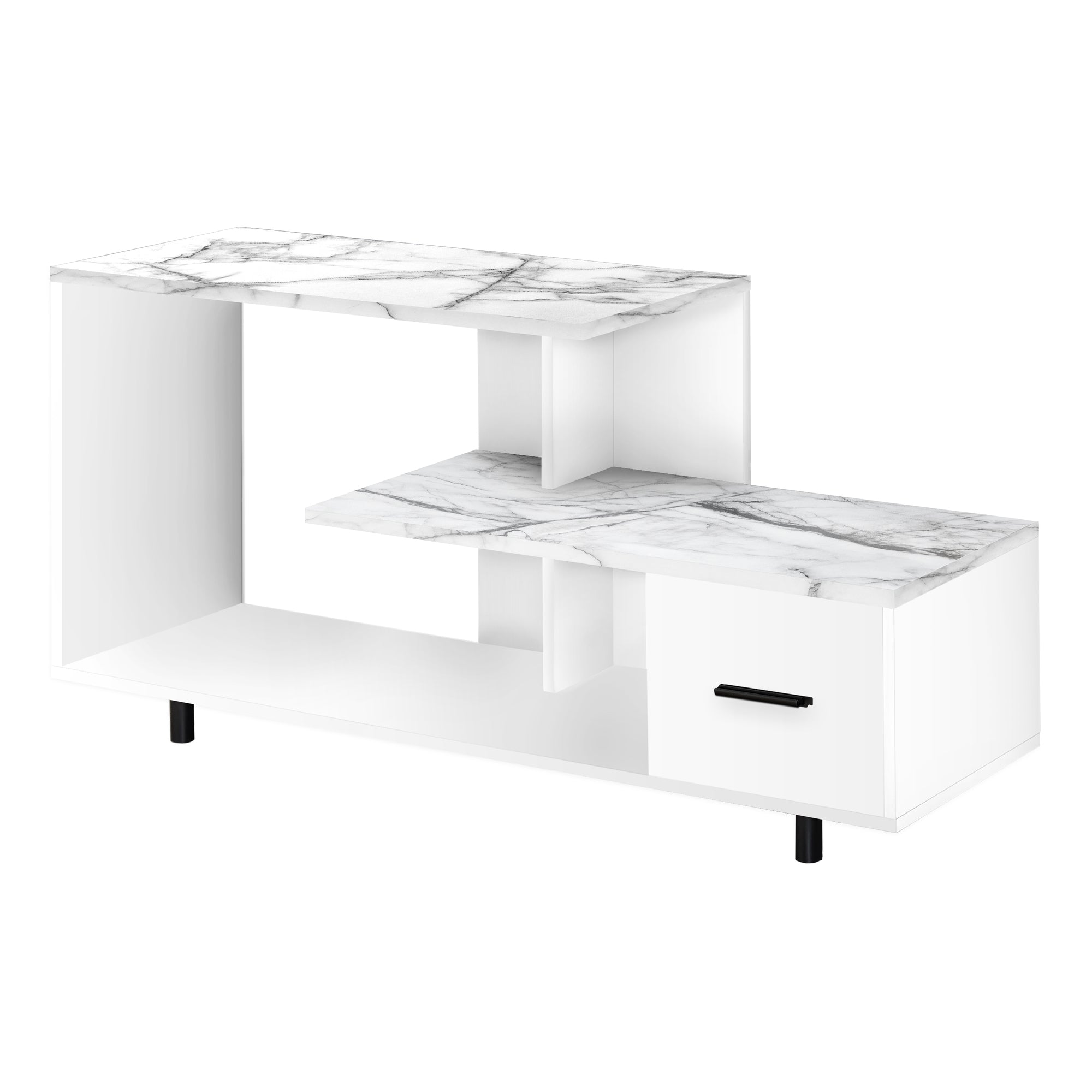 MN-792609    Tv Stand - 1 Storage Drawer / Open Shelves / Modern Style - 48"L - White Marble-Look  / Black
