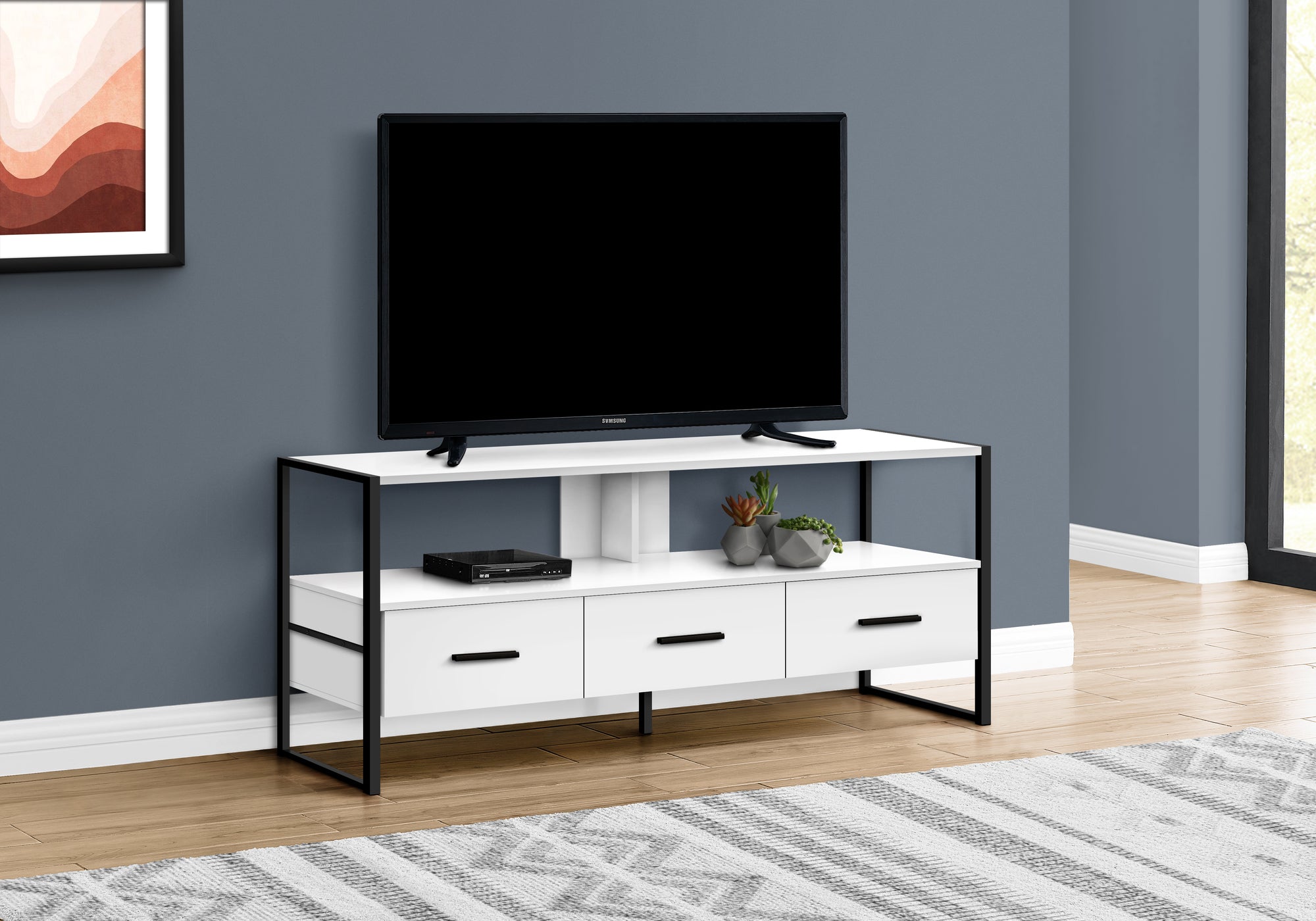 MN-822615    Tv Stand - 3 Storage Drawers / Open Shelf - 48"L - White / Black