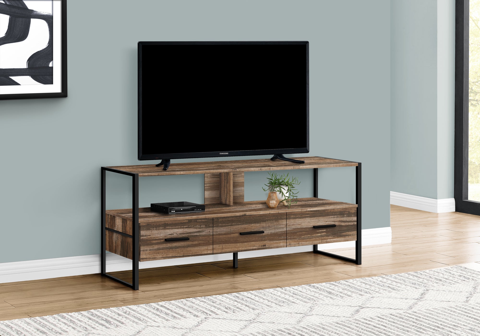 MN-862619    Tv Stand - 3 Storage Drawers / Open Shelf - 48"L - Brown Reclaimed Wood-Look / Black