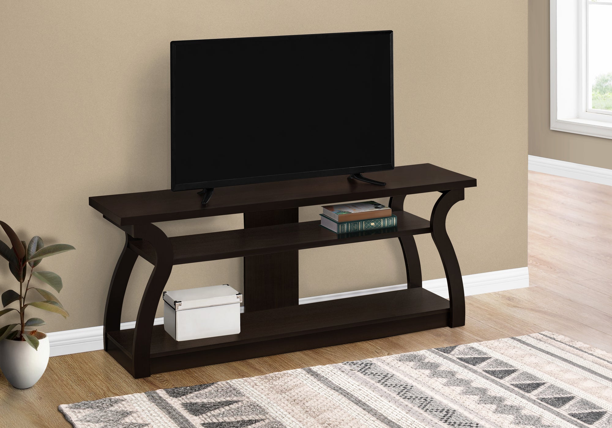 MN-892667    Tv Stand, 60 Inch, Console, Media Entertainment Center, Storage Cabinet, Living Room, Bedroom, Laminate, Dark Brown, Contemporary, Modern