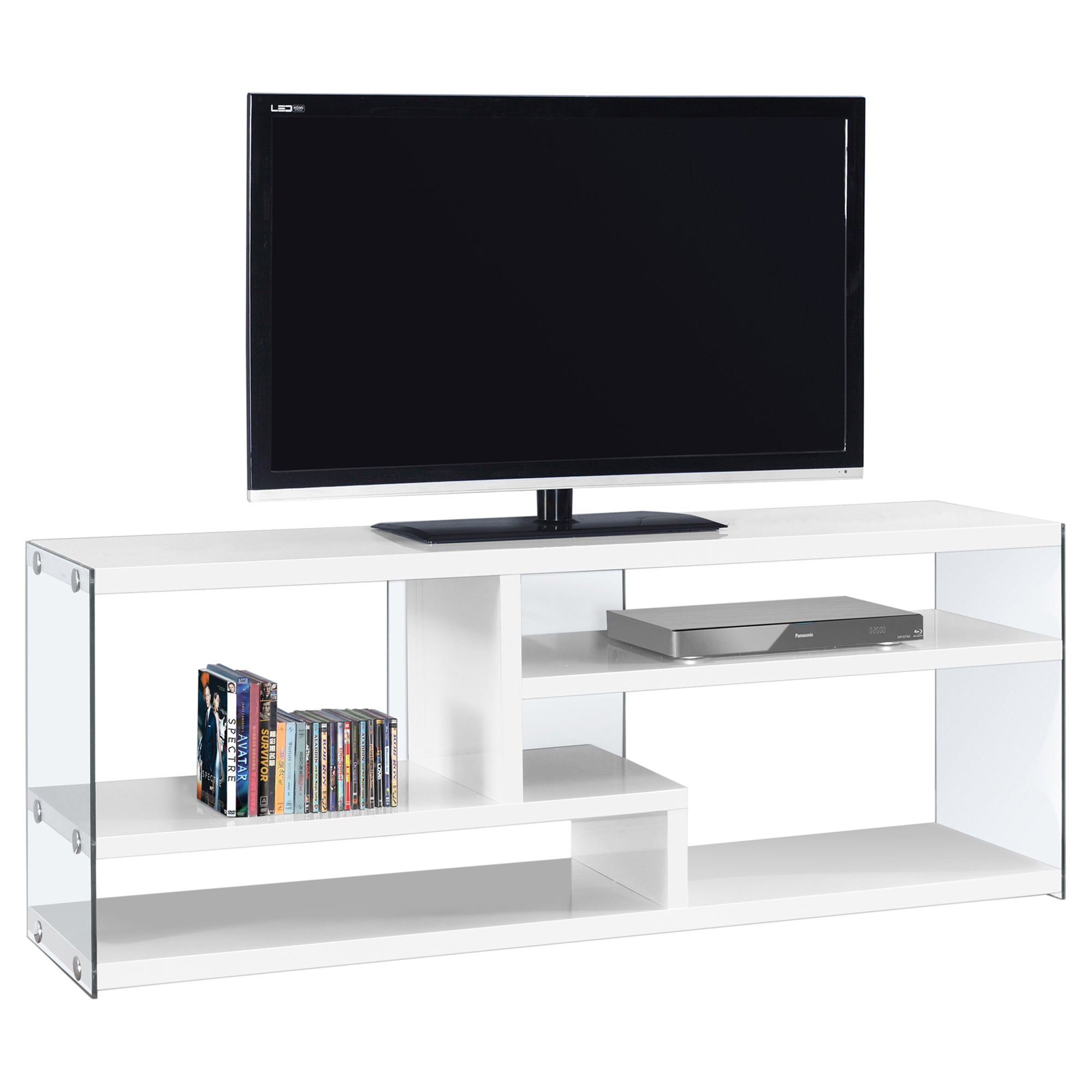 MN-902690    Tv Stand, 60 Inch, Console, Media Entertainment Center, Storage Cabinet, Living Room, Bedroom, Laminate, Tempered Glass, Glossy White, Clear, Contemporary, Modern