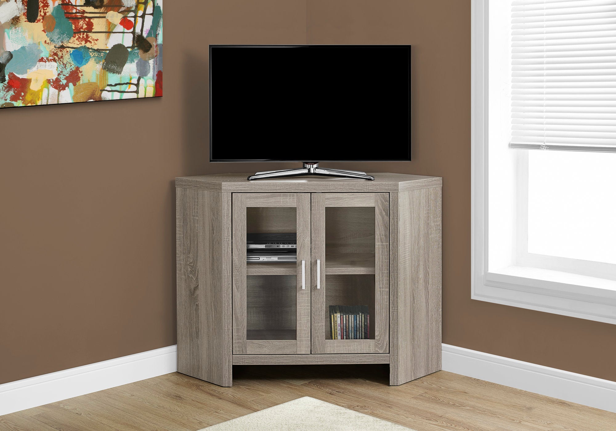 MN-932701    Tv Stand, 42Inch, Console, Media Entertainment Center, Storage Cabinet, Living Room, Bedroom, Laminate, Tempered Glass, Dark Taupe, Contemporary, Modern