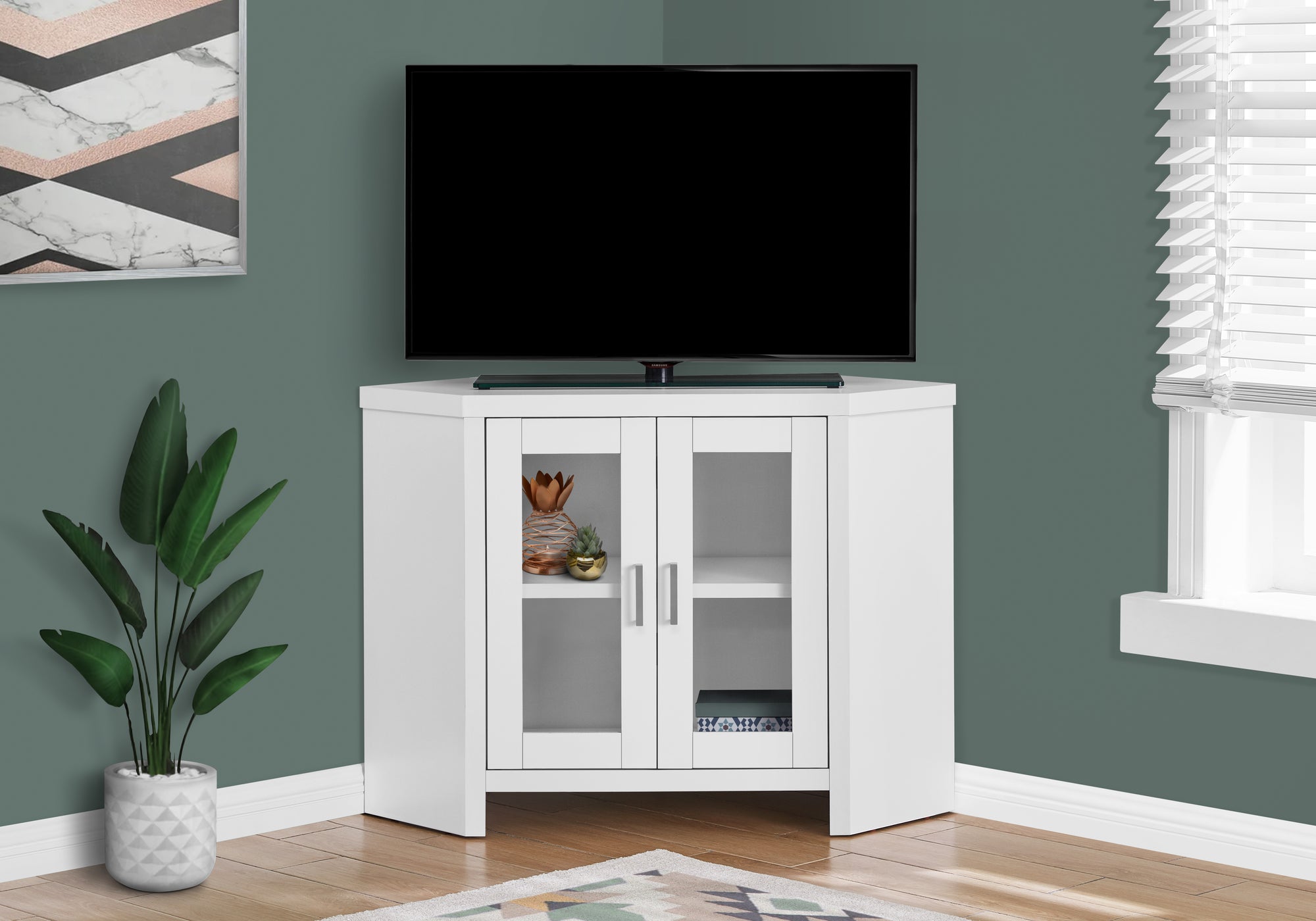 MN-942703    Tv Stand, 42Inch, Console, Media Entertainment Center, Storage Cabinet, Living Room, Bedroom, Laminate, Tempered Glass, White, Contemporary, Modern
