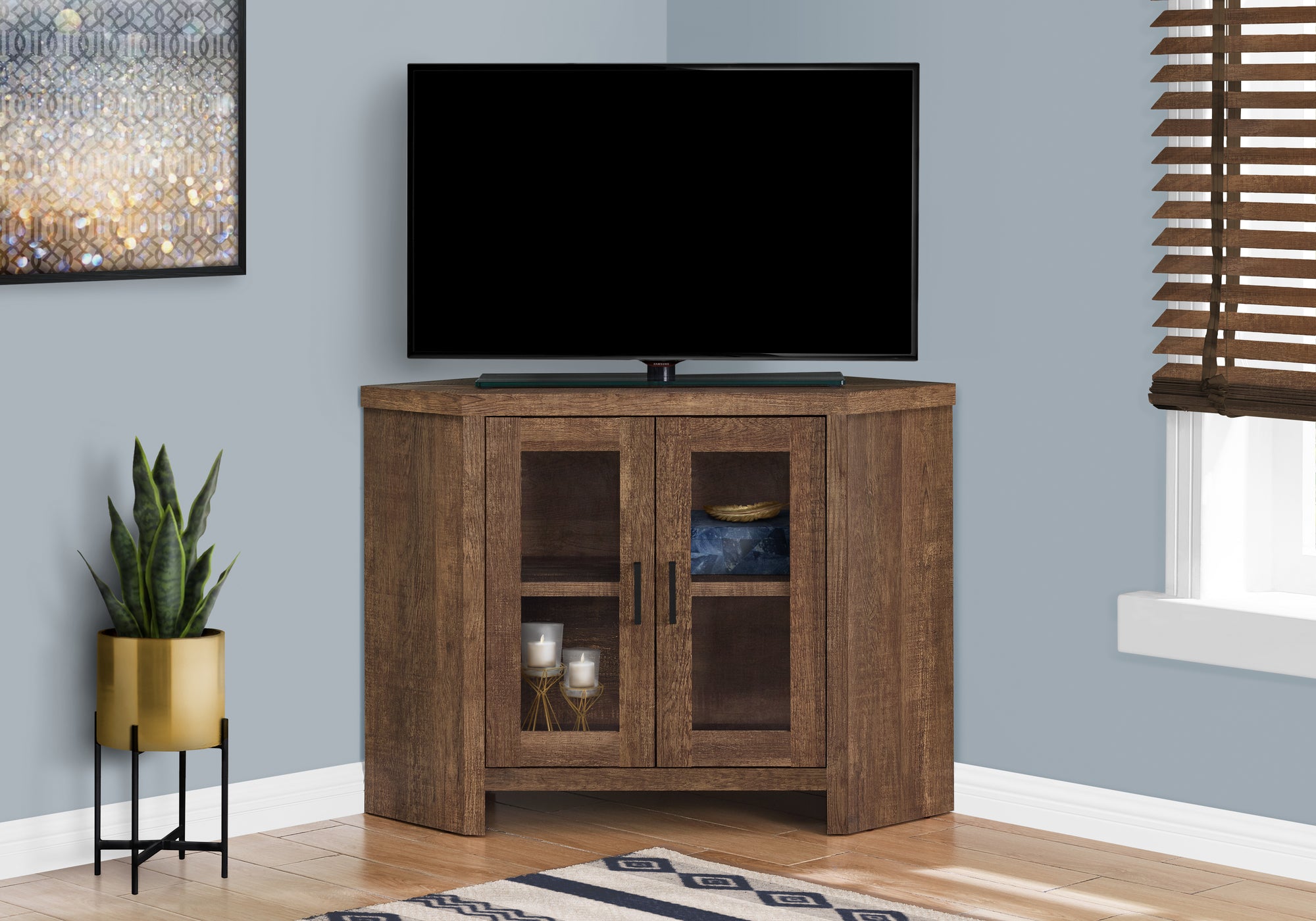 MN-952707    Tv Stand, 42Inch, Console, Media Entertainment Center, Storage Cabinet, Living Room, Bedroom, Laminate, Tempered Glass, Brown Reclaimed Wood Look, Contemporary, Modern