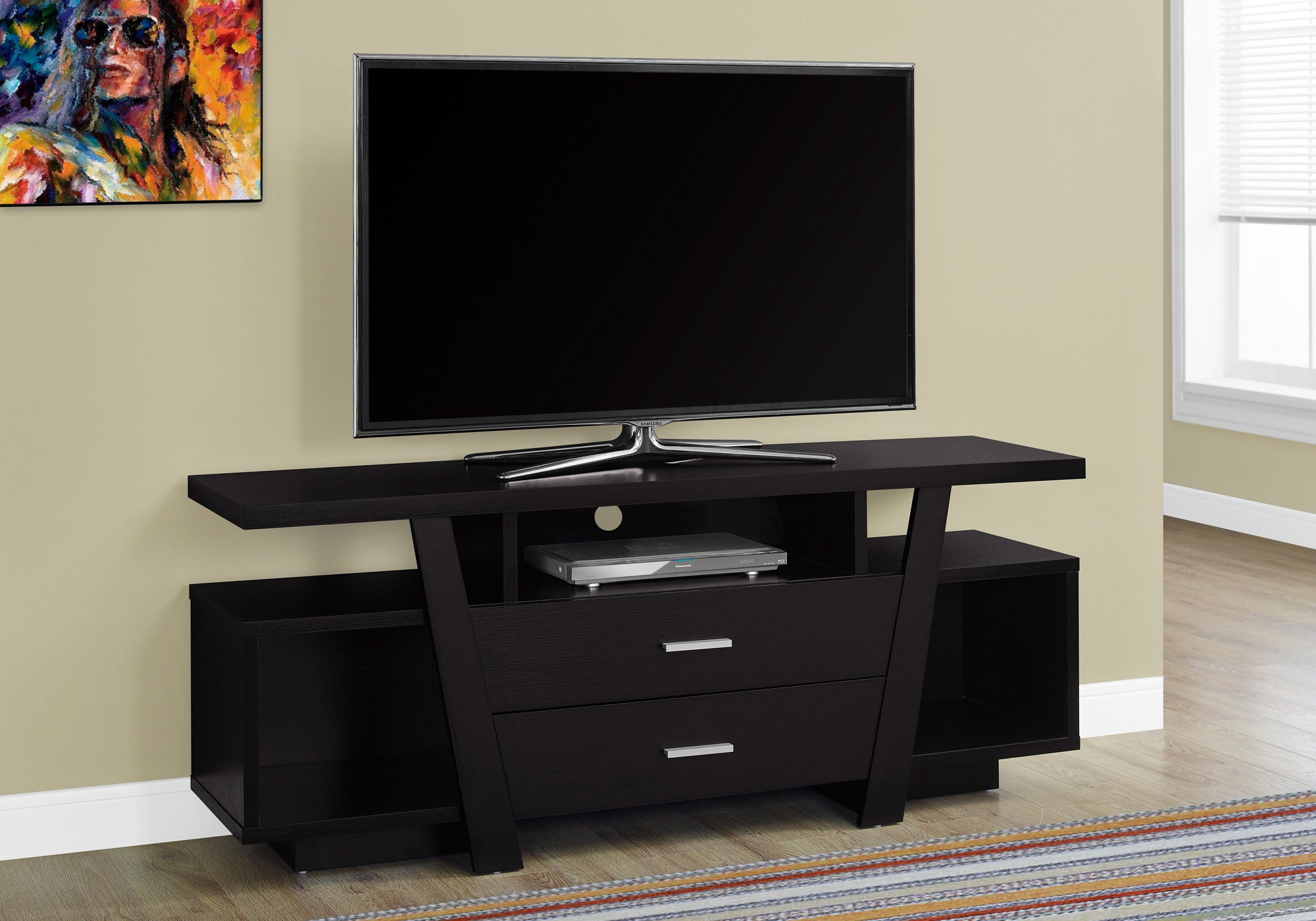 MN-982720    Tv Stand, 60 Inch, Console, Media Entertainment Center, Storage Cabinet, Living Room, Bedroom, Laminate, Dark Brown, Contemporary, Modern