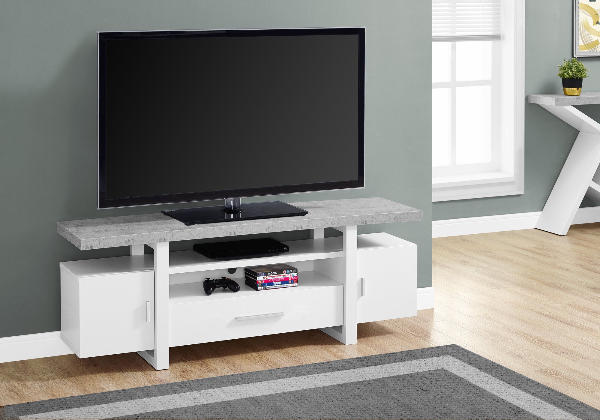 MN-102725    Tv Stand, 60 Inch, Console, Media Entertainment Center, Storage Cabinet, Living Room, Bedroom, Laminate, Grey Cement Look, White, Contemporary, Modern