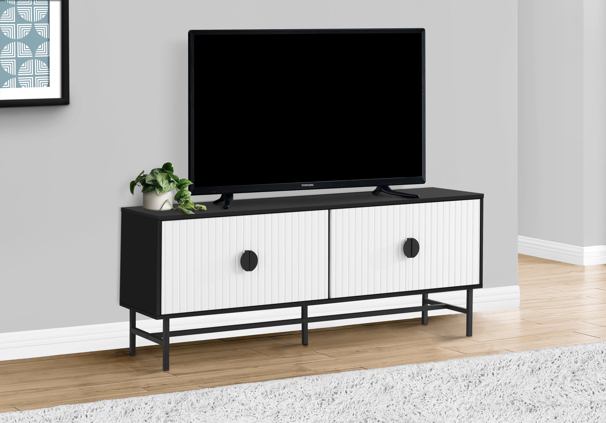 MN-622732    Tv Stand, 60 Inch, Console, Media Entertainment Center, Storage Cabinet, Living Room, Bedroom, Black And White Laminate, Black Metal, Contemporary, Modern