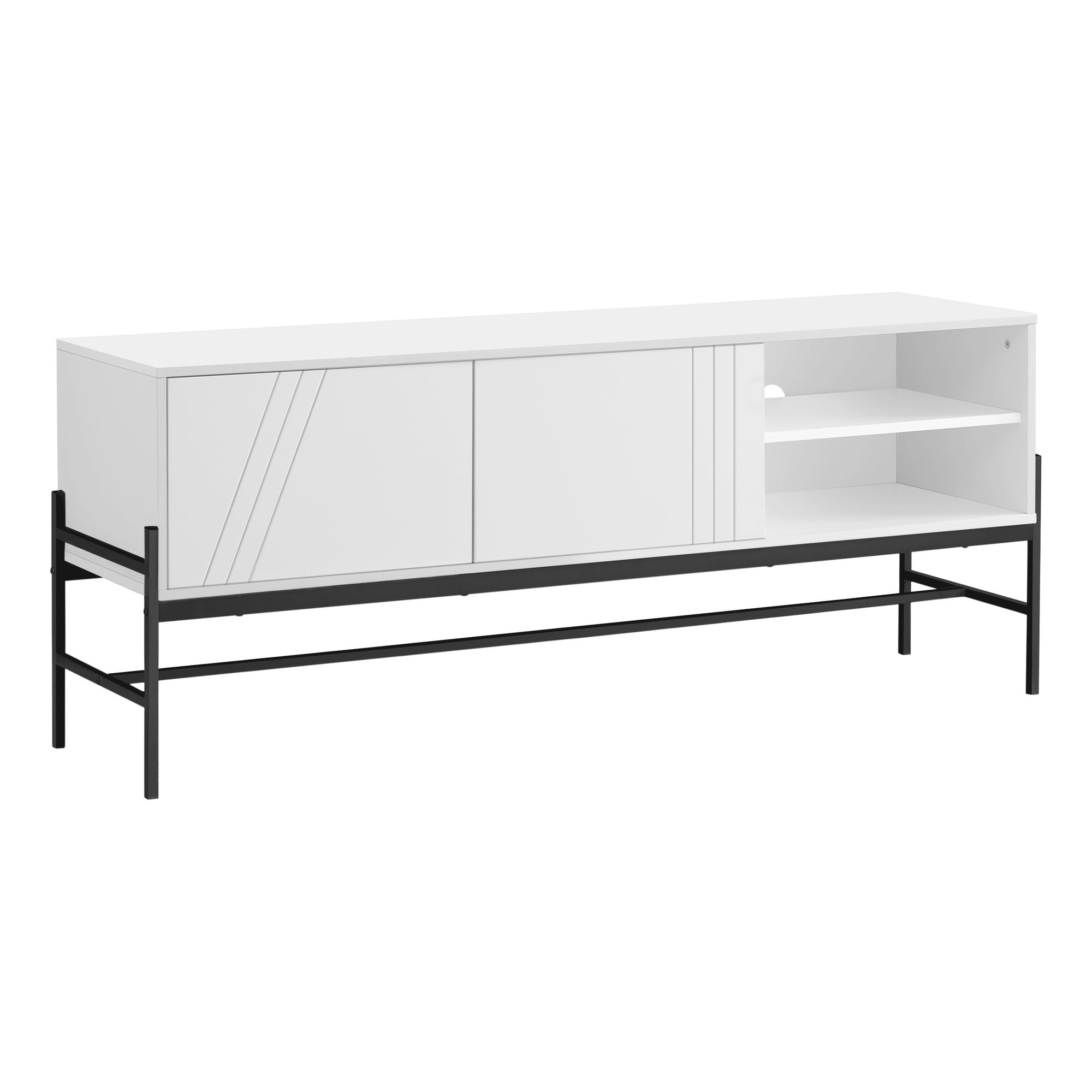 MN-652738    Tv Stand, 60 Inch, Console, Media Entertainment Center, Storage Cabinet, Living Room, Bedroom, White Laminate, Black Metal, Contemporary, Modern