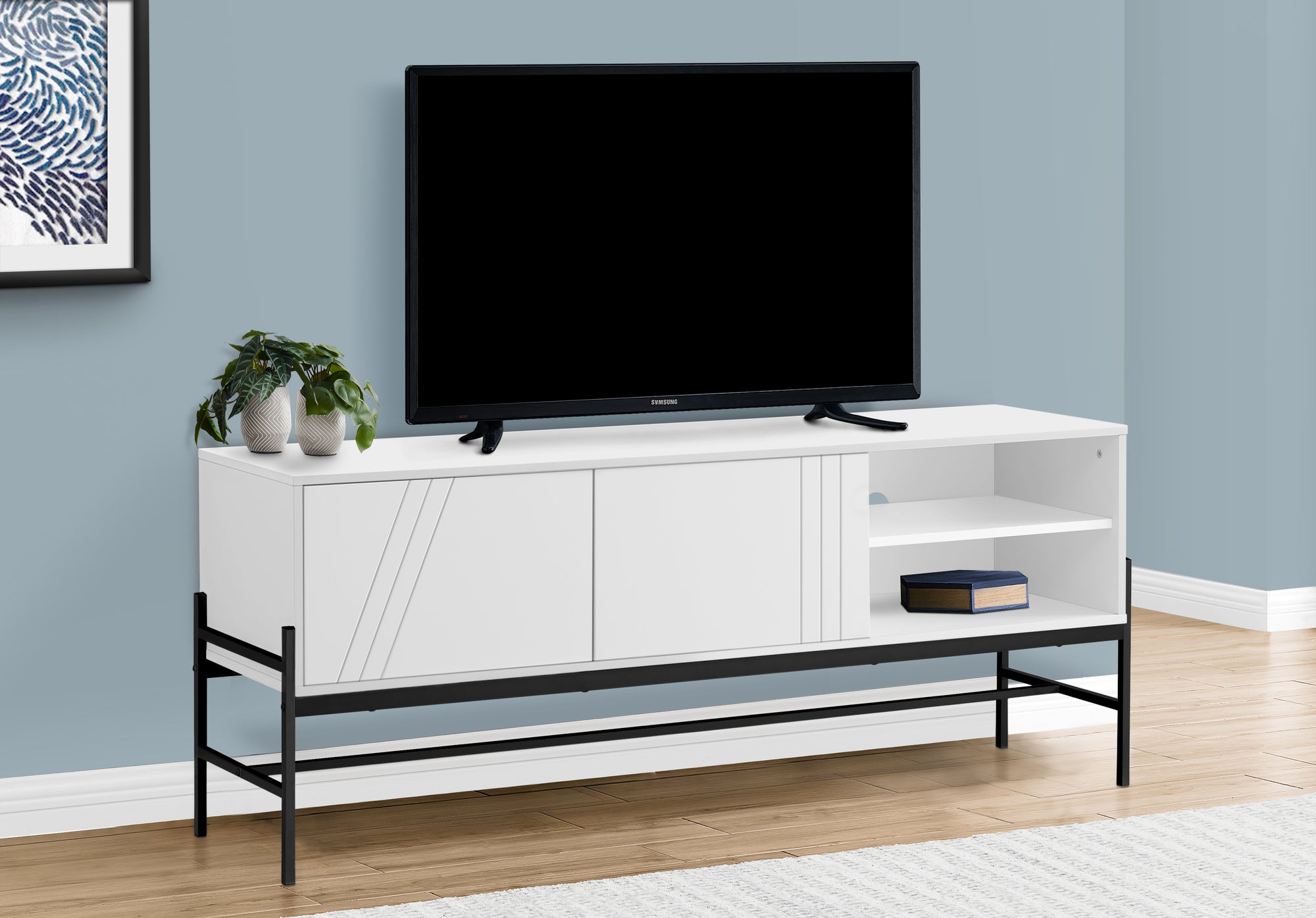 MN-652738    Tv Stand, 60 Inch, Console, Media Entertainment Center, Storage Cabinet, Living Room, Bedroom, White Laminate, Black Metal, Contemporary, Modern