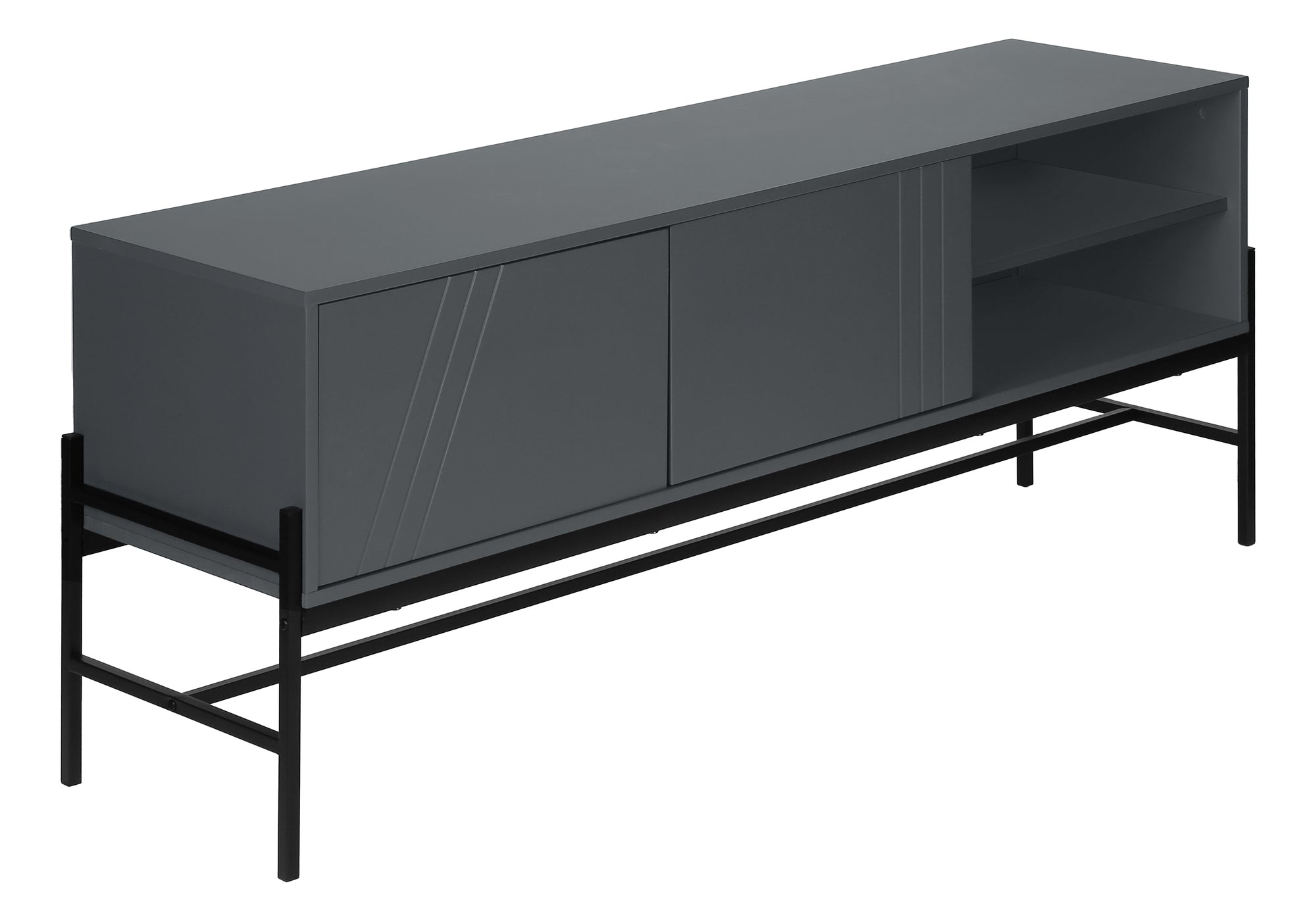 MN-662739    Tv Stand, 60 Inch, Console, Media Entertainment Center, Storage Cabinet, Living Room, Bedroom, Grey Laminate, Black Metal, Contemporary, Modern