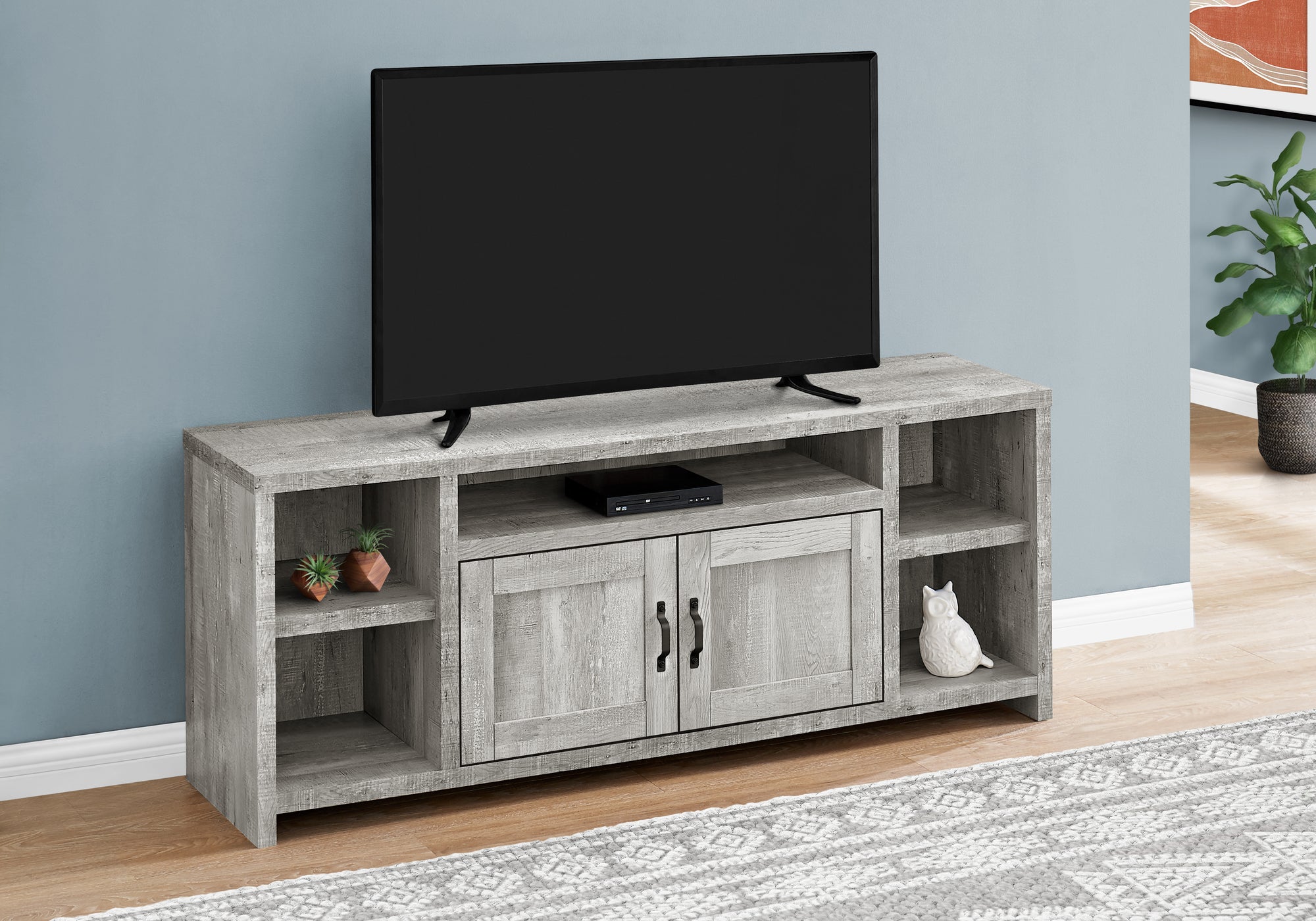 MN-152741    Tv Stand, 60 Inch, Console, Media Entertainment Center, Storage Cabinet, Living Room, Bedroom, Laminate, Grey Reclaimed Wood Look, Black, Contemporary, Industrial, Modern