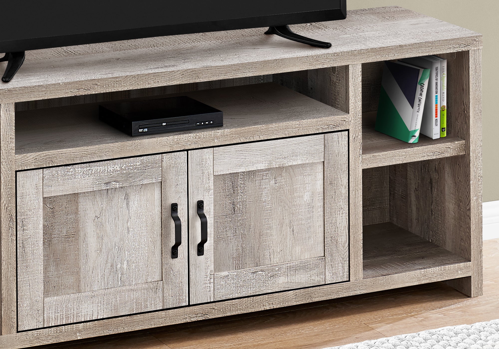MN-162742    Tv Stand, 60 Inch, Console, Media Entertainment Center, Storage Cabinet, Living Room, Bedroom, Laminate, Taupe Reclaimed Wood Look, Black, Contemporary, Industrial, Modern