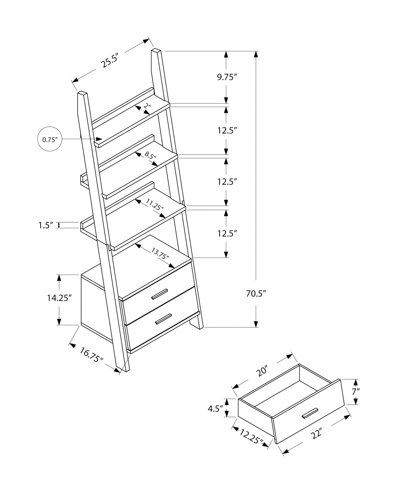 MN-252755    Bookshelf, Bookcase, Etagere, Ladder, 4 Tier, 69"H, Office, Bedroom, Laminate, Grey, Black, Contemporary, Modern