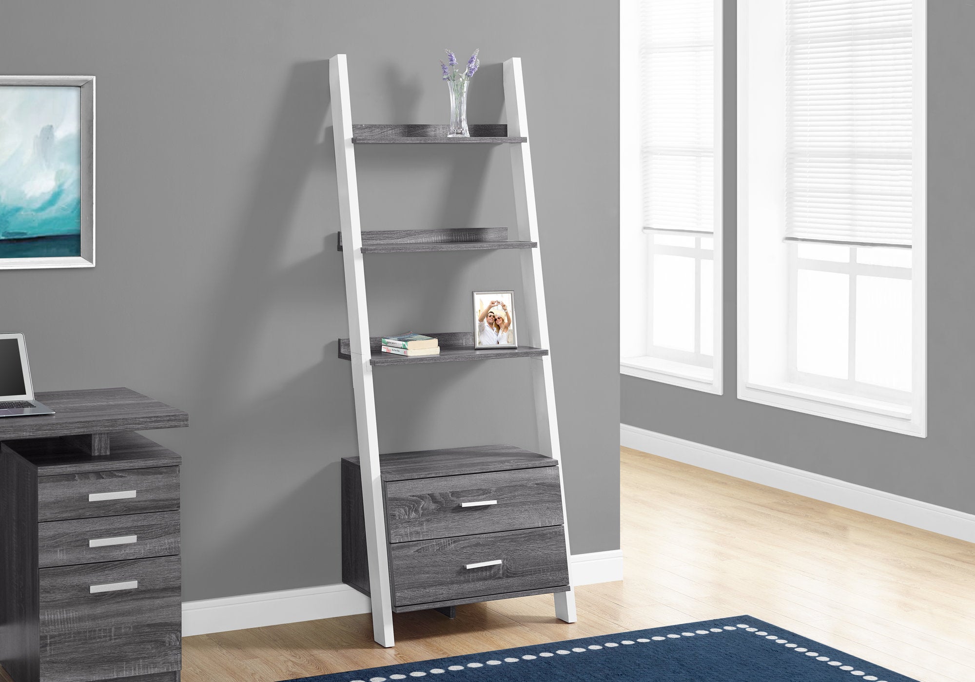 MN-262756    Bookshelf, Bookcase, Etagere, Ladder, 4 Tier, 69"H, Office, Bedroom, Laminate, Grey, White, Contemporary, Modern