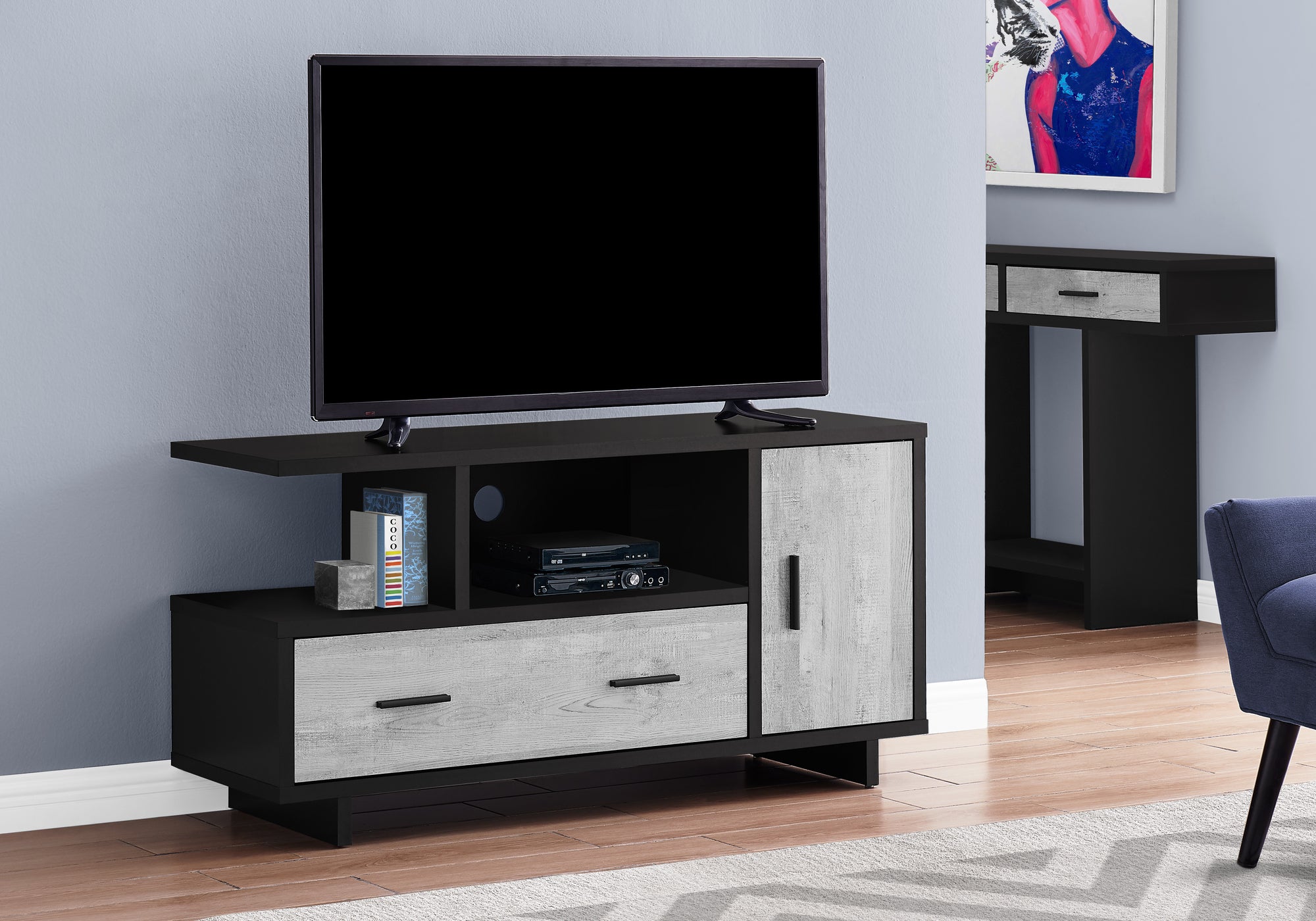 MN-372804    Tv Stand, 48 Inch, Console, Media Entertainment Center, Storage Cabinet, Living Room, Bedroom, Laminate, Black, Grey Reclaimed Wood Look, Contemporary, Modern