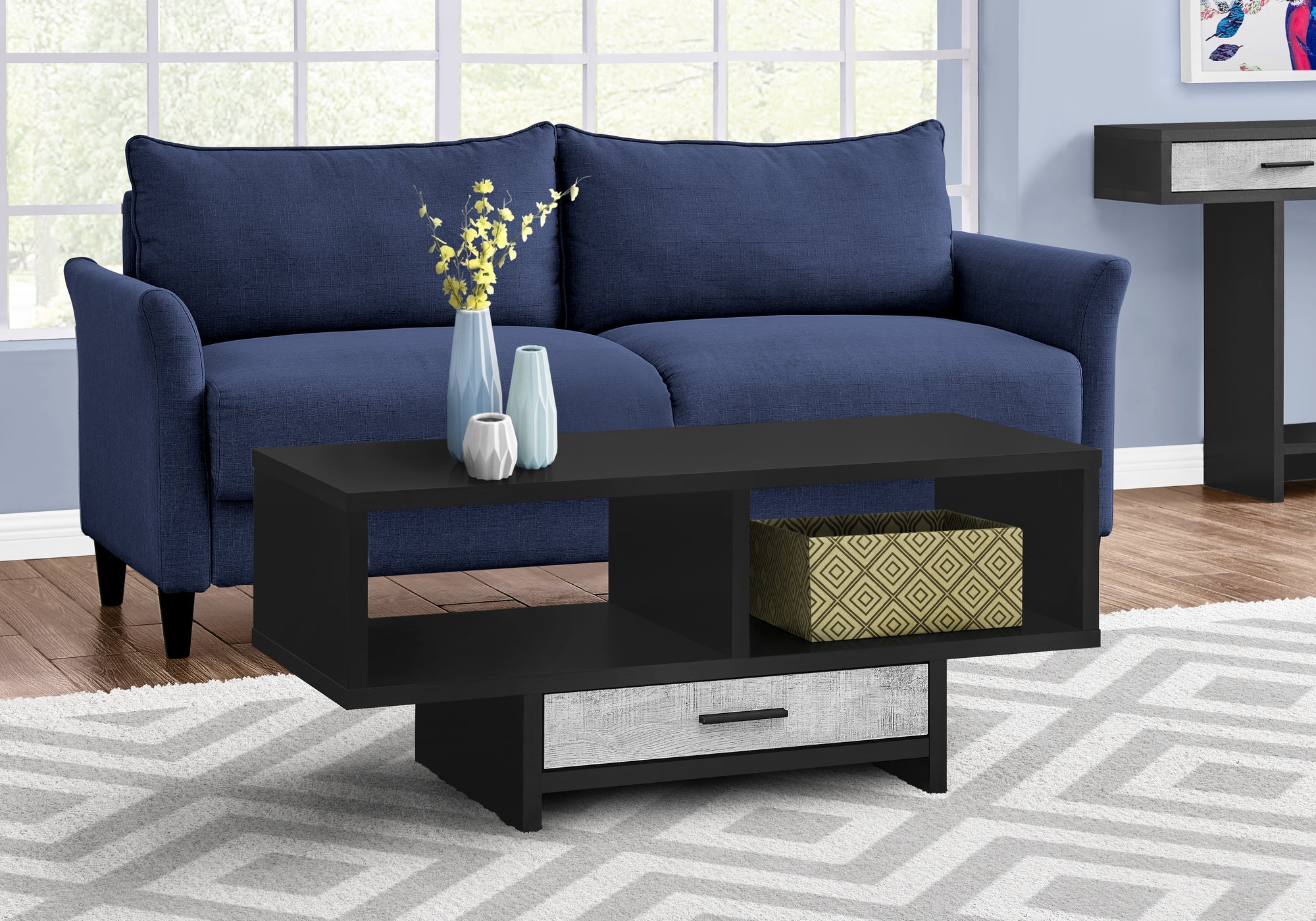 MN-402810    Coffee Table, Accent, Cocktail, Rectangular, Storage, Living Room, Laminate, Black, Grey Reclaimed Wood Look, Contemporary, Modern