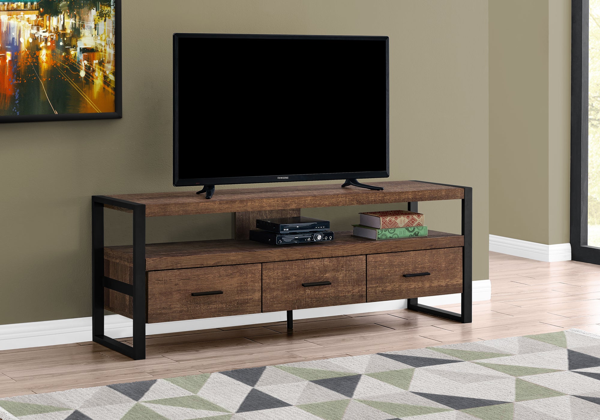 MN-432820    Tv Stand, 60 Inch, Console, Media Entertainment Center, Storage Cabinet, Living Room, Bedroom, Laminate, Metal, Brown Reclaimed Wood Look, Contemporary, Modern