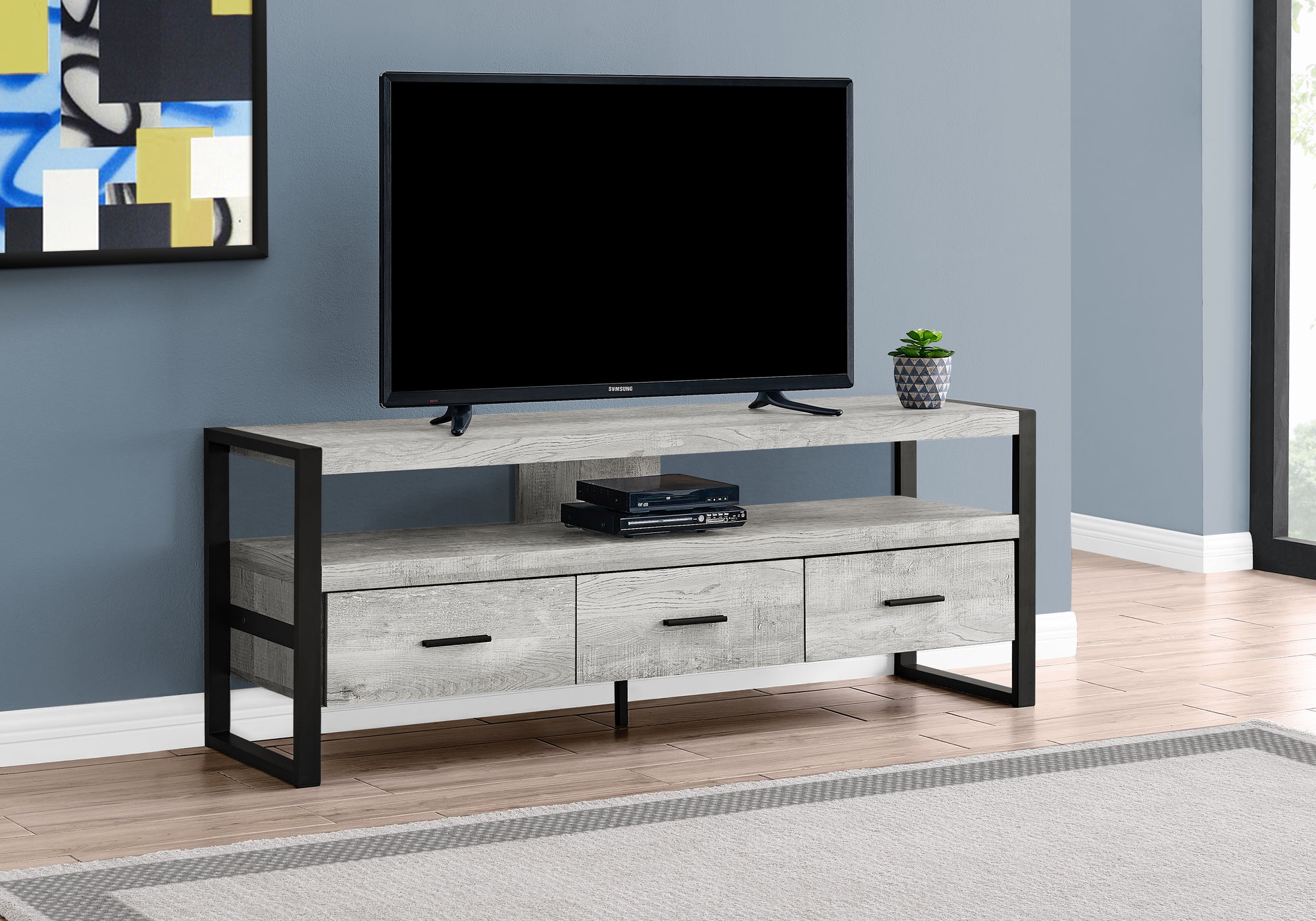 MN-442821    Tv Stand, 60 Inch, Console, Media Entertainment Center, Storage Cabinet, Living Room, Bedroom, Laminate, Metal, Grey Reclaimed Wood Look, Black, Contemporary, Modern