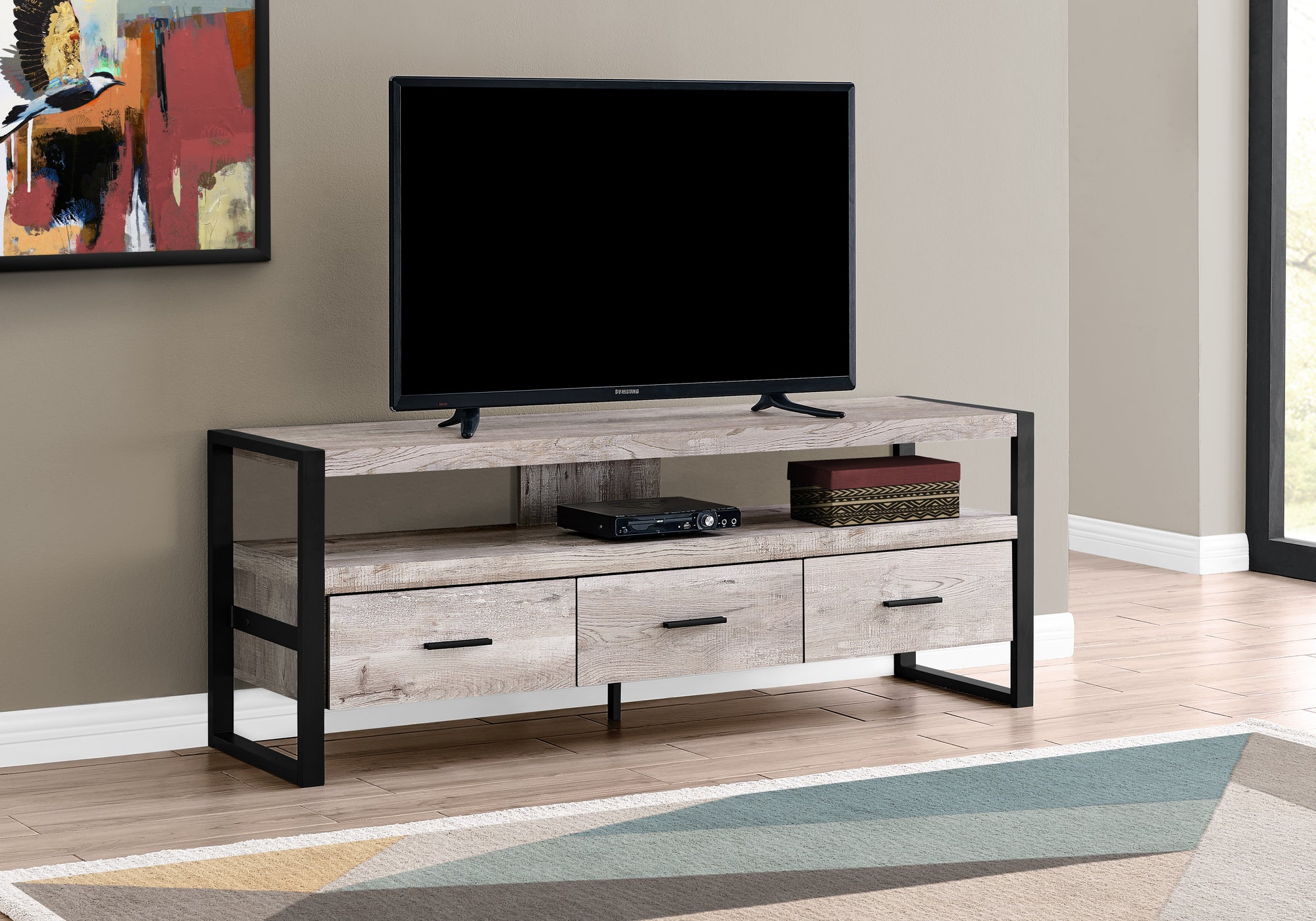MN-452822    Tv Stand, 60 Inch, Console, Media Entertainment Center, Storage Cabinet, Living Room, Bedroom, Laminate, Metal, Taupe Reclaimed Wood Look, Black, Contemporary, Modern