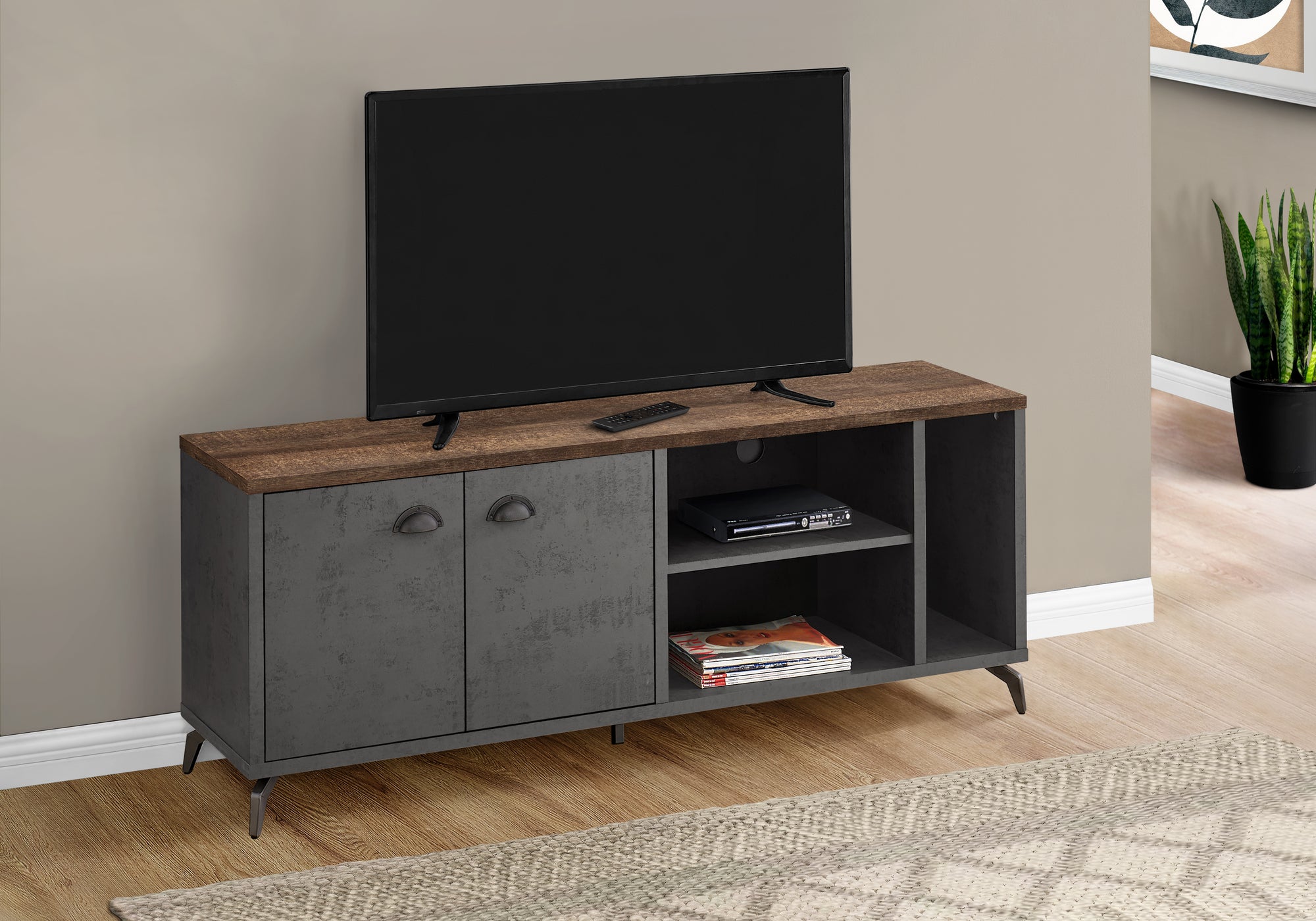 MN-482831    Tv Stand, 60 Inch, Console, Media Entertainment Center, Storage Cabinet, Living Room, Bedroom, Laminate, Metal, Grey Concrete, Brown Reclaimed Wood Look, Contemporary, Industrial, Modern