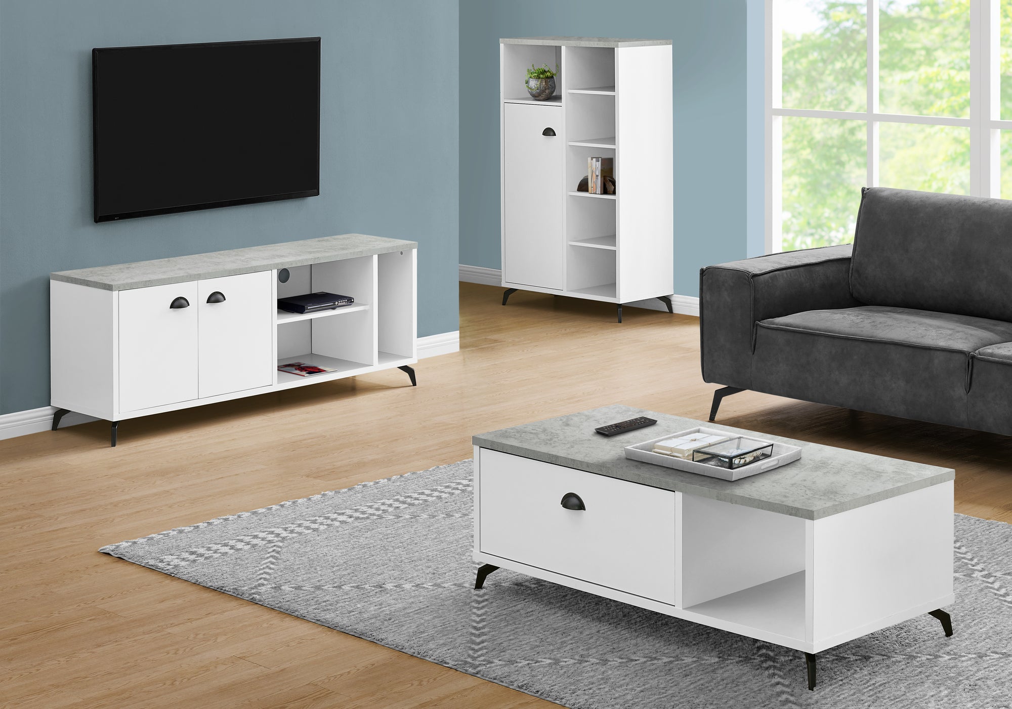 MN-542841    Tv Stand, 60 Inch, Console, Media Entertainment Center, Storage Cabinet, Living Room, Bedroom, Laminate, Metal, Grey Cement Look, Contemporary, Modern