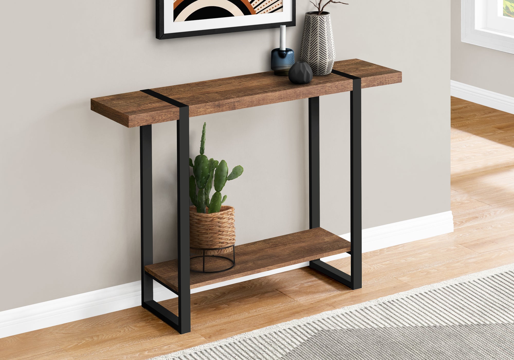 MN-562851    Accent Table, Console, Entryway, Narrow, Sofa, Living Room, Bedroom, Metal Legs, Laminate, Brown Reclaimed Wood Look, Black, Contemporary, Industrial, Modern