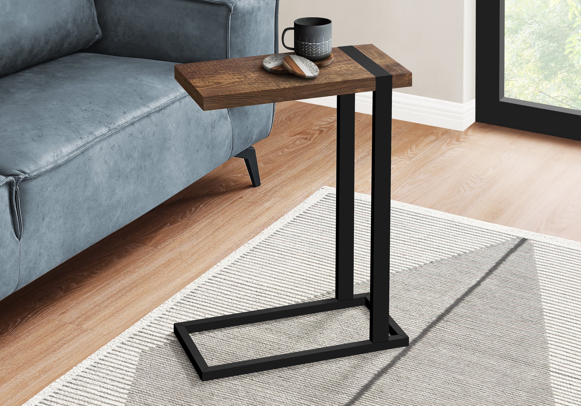 MN-582853    Accent Table, C-Shaped, End, Side, Snack, Living Room, Bedroom, Metal Legs, Laminate, Brown Reclaimed Wood Look, Black, Contemporary, Industrial, Modern