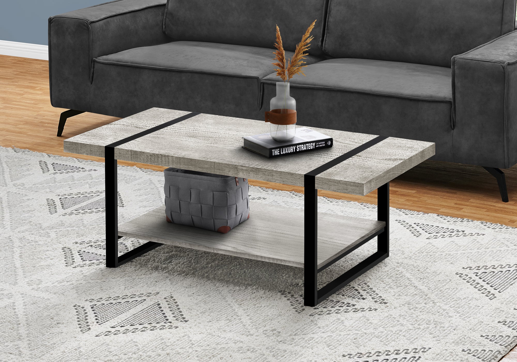 MN-592855    Coffee Table, Accent, Cocktail, Rectangular, Living Room, Metal Frame, Laminate, Grey Reclaimed Wood Look, Black, Contemporary, Industrial, Modern