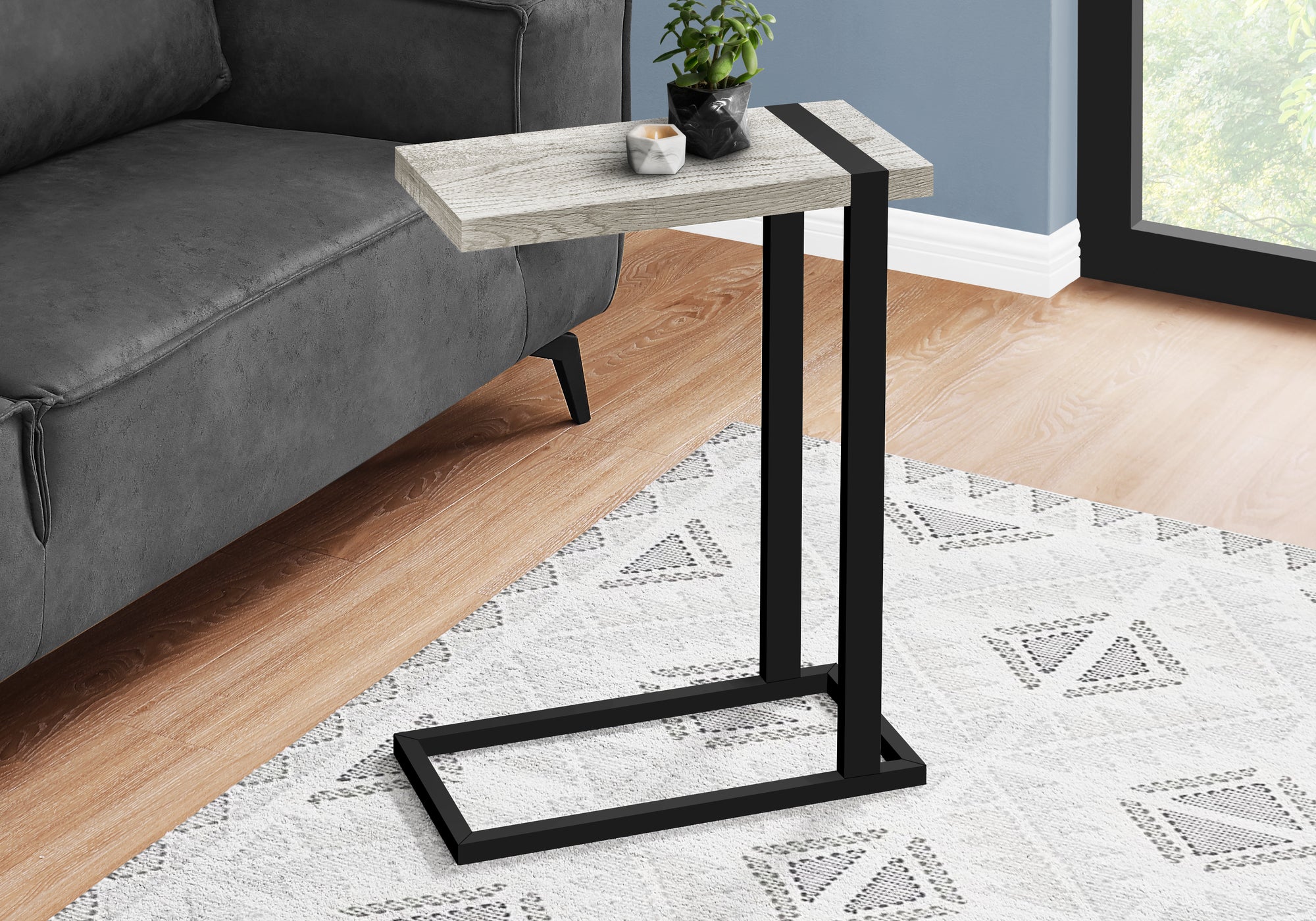 MN-622858    Accent Table, C-Shaped, End, Side, Snack, Living Room, Bedroom, Metal Legs, Laminate, Grey Reclaimed Wood Look, Black, Contemporary, Industrial, Modern