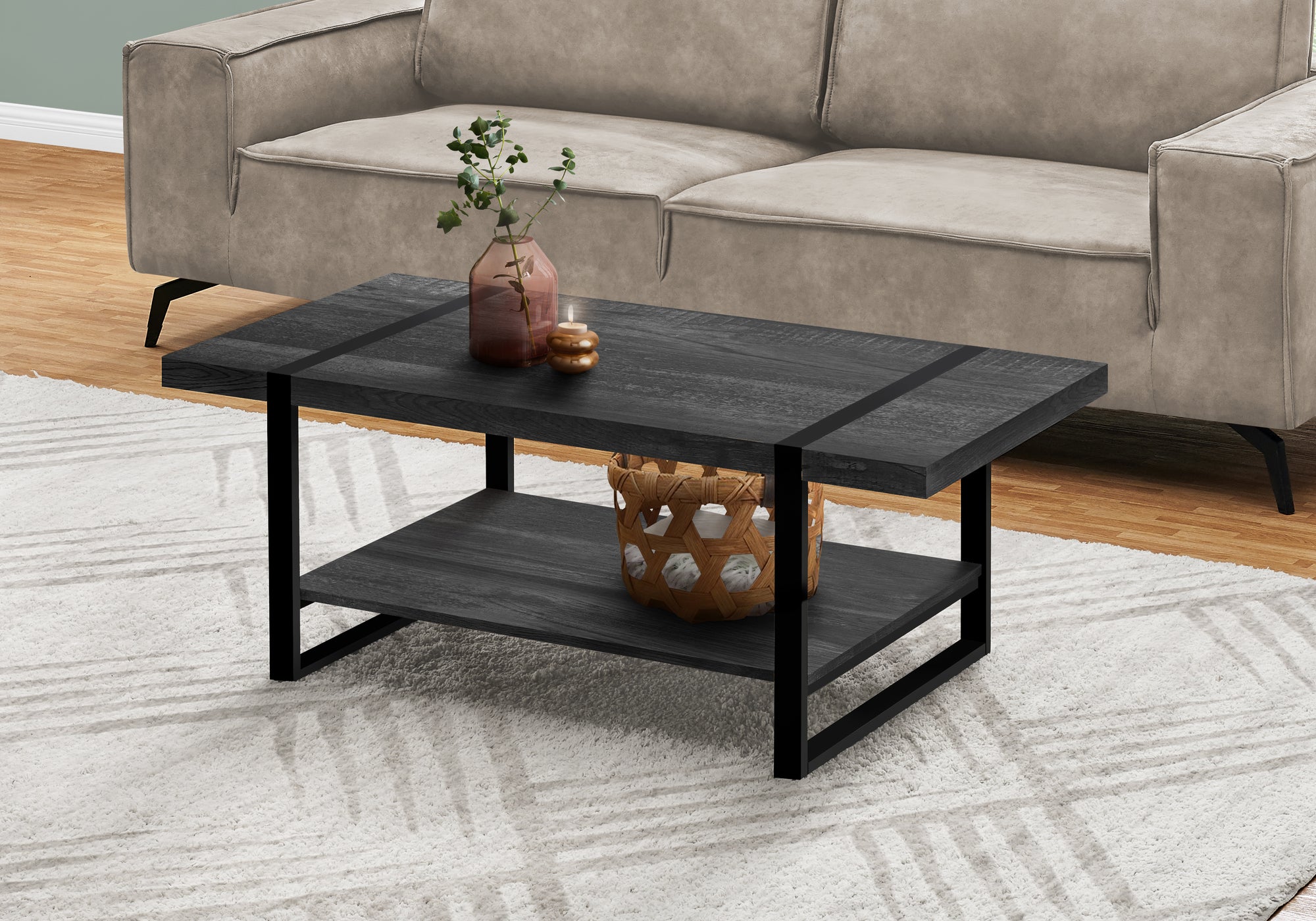 MN-632860    Coffee Table, Accent, Cocktail, Rectangular, Living Room, Metal Frame, Laminate, Black Reclaimed Wood Look, Black, Contemporary, Industrial, Modern