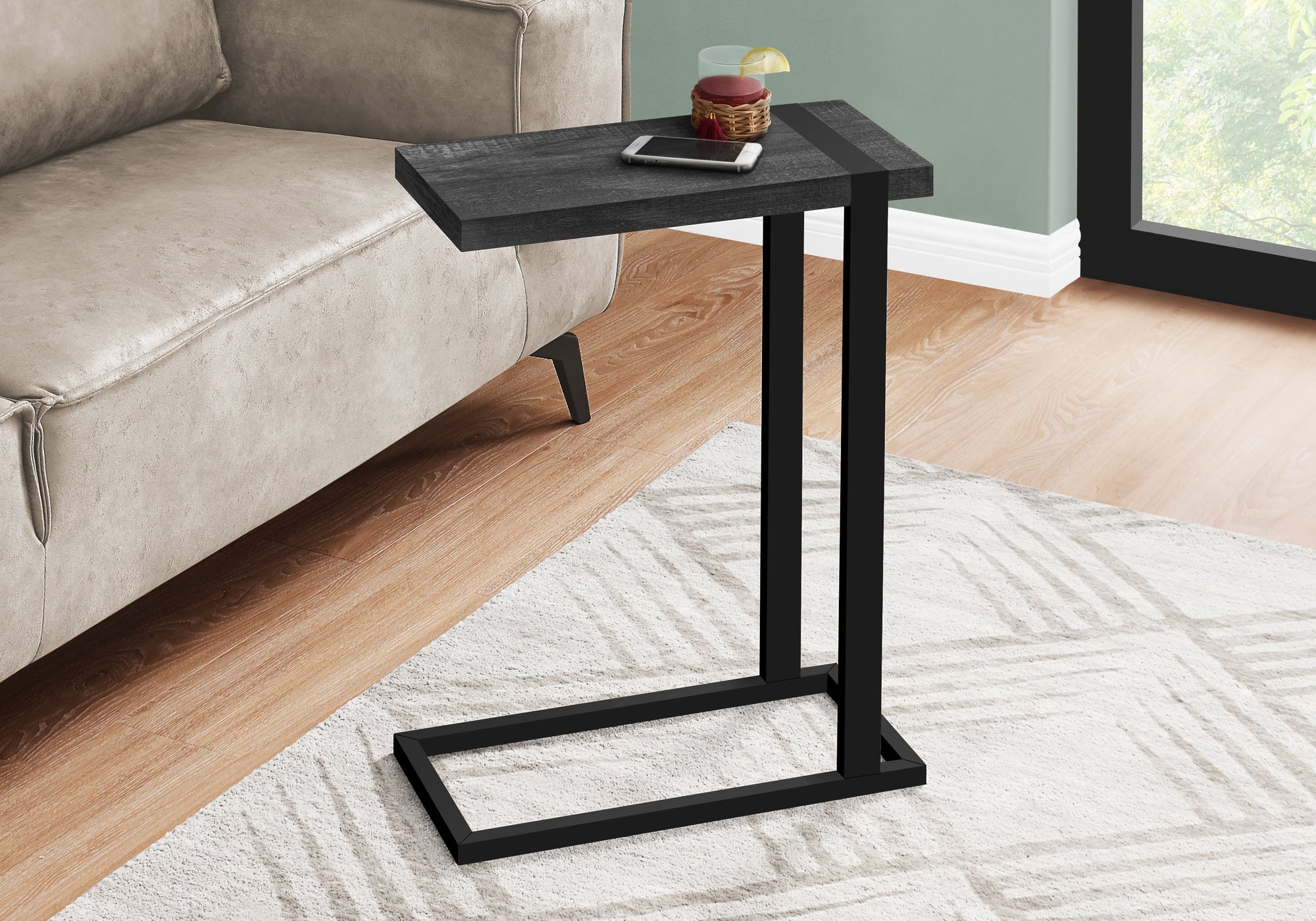 MN-662863    Accent Table, C-Shaped, End, Side, Snack, Living Room, Bedroom, Metal Legs, Laminate, Black Reclaimed Wood Look, Black, Contemporary, Industrial, Modern