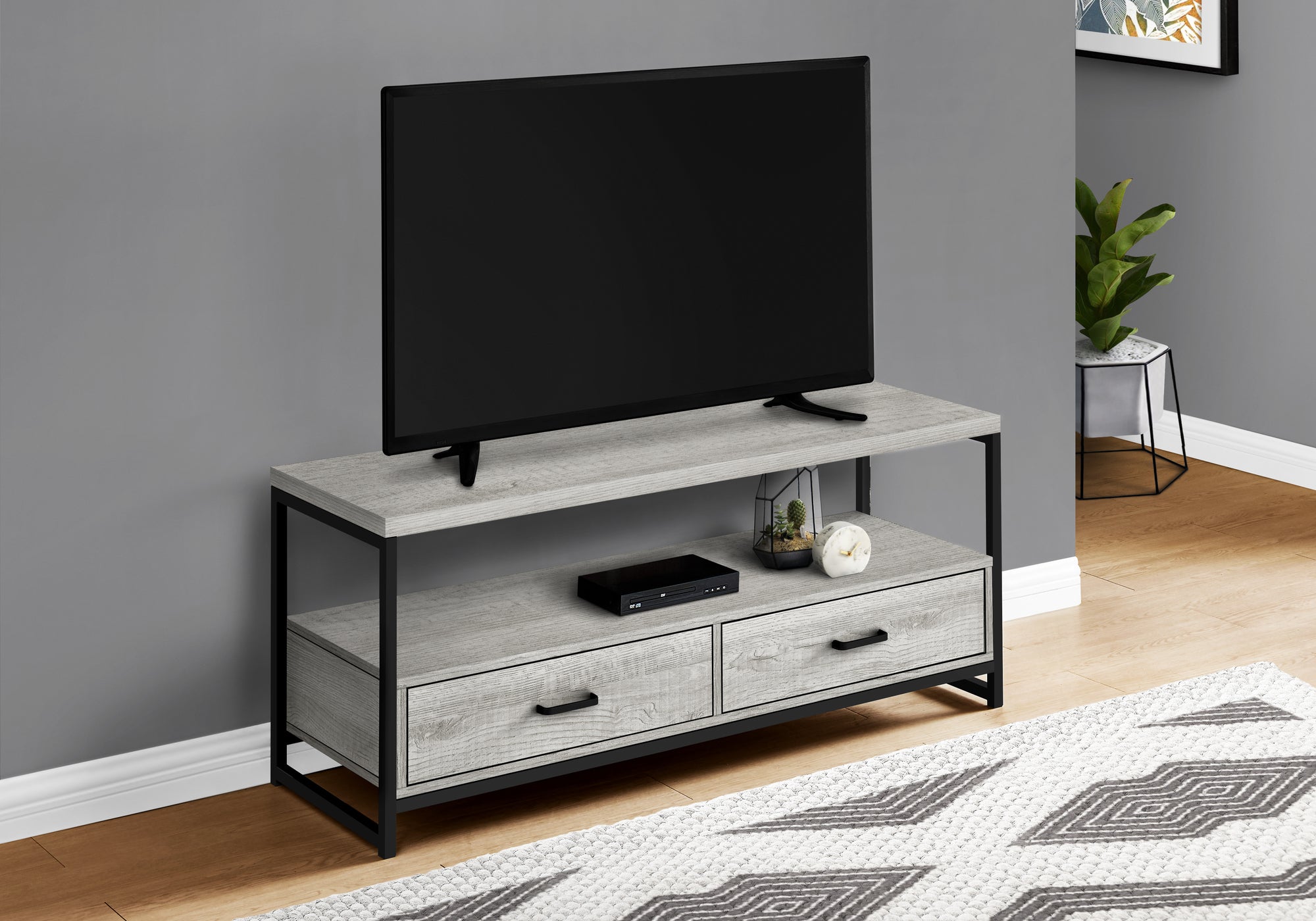 MN-682871    Tv Stand, 48 Inch, Console, Media Entertainment Center, Storage Cabinet, Living Room, Bedroom, Laminate, Metal, Grey, Contemporary, Modern