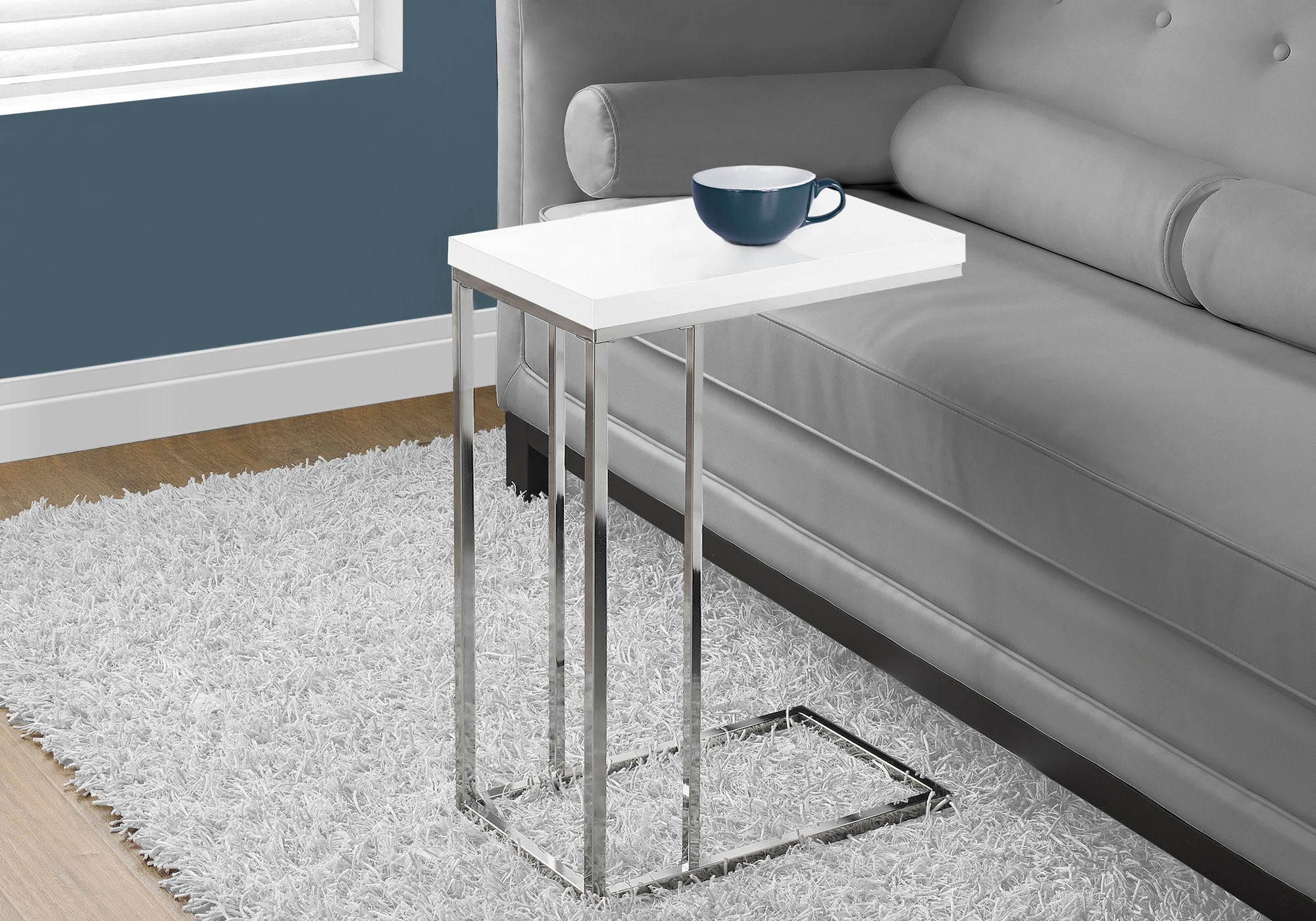 MN-763008    Accent Table, C-Shaped, End, Side, Snack, Living Room, Bedroom, Metal Legs, Laminate, Glossy White, Chrome, Contemporary, Modern