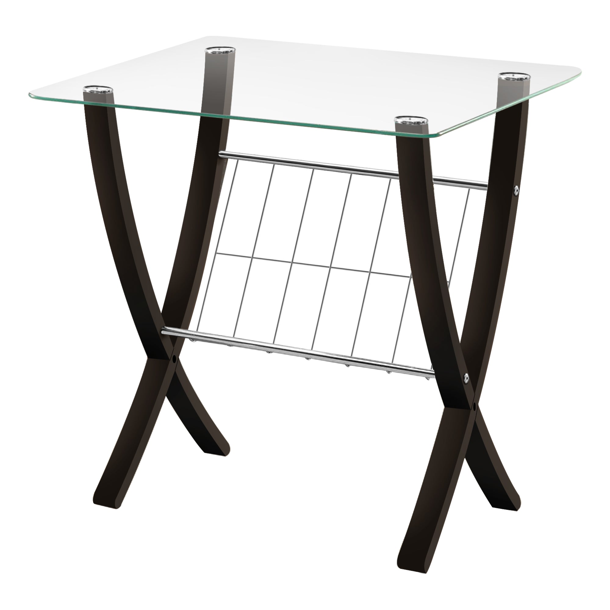 MN-813021    Accent Table, Side, End, Nightstand, Lamp, Living Room, Bedroom, Metal Legs, Tempered Glass, Dark Brown, Clear, Contemporary, Modern
