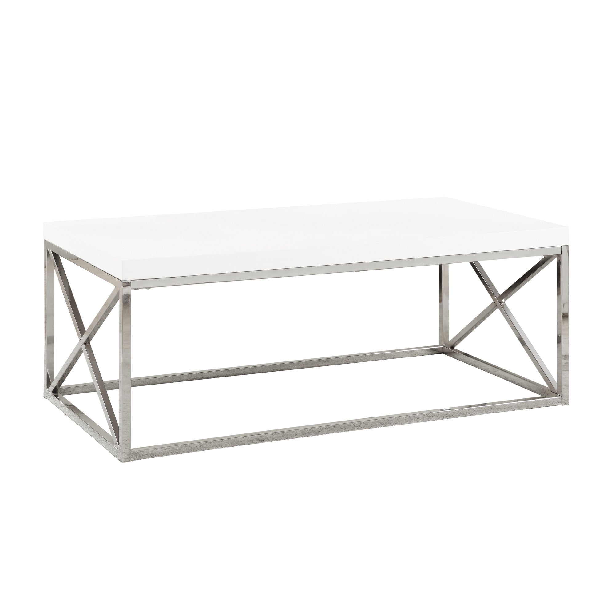 MN-833028    Coffee Table, Accent, Cocktail, Rectangular, Living Room, Metal Frame, Laminate, Glossy White, Chrome, Contemporary, Modern